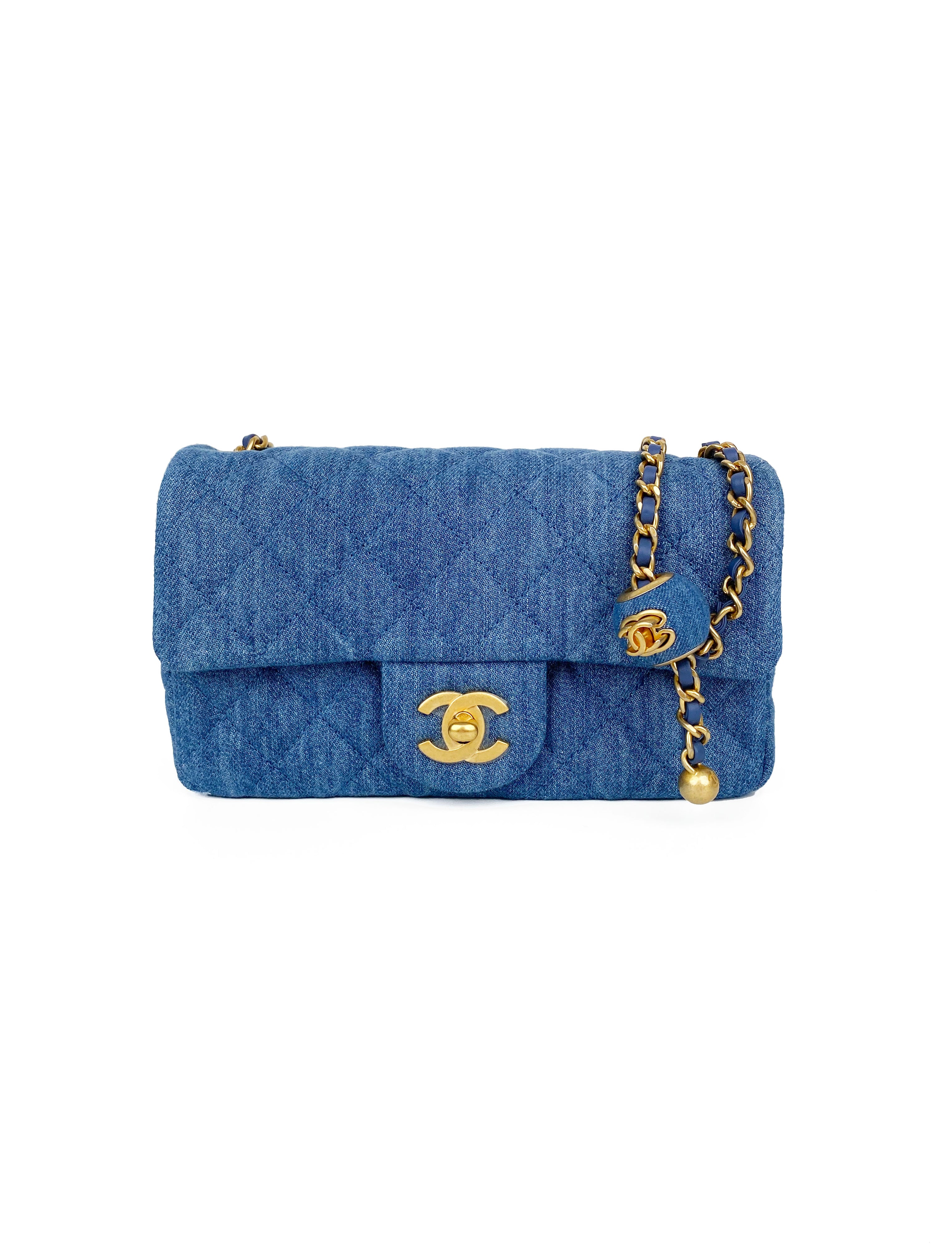 Chanel Mini Denim Classic Flap Bag with Pearl Crush
