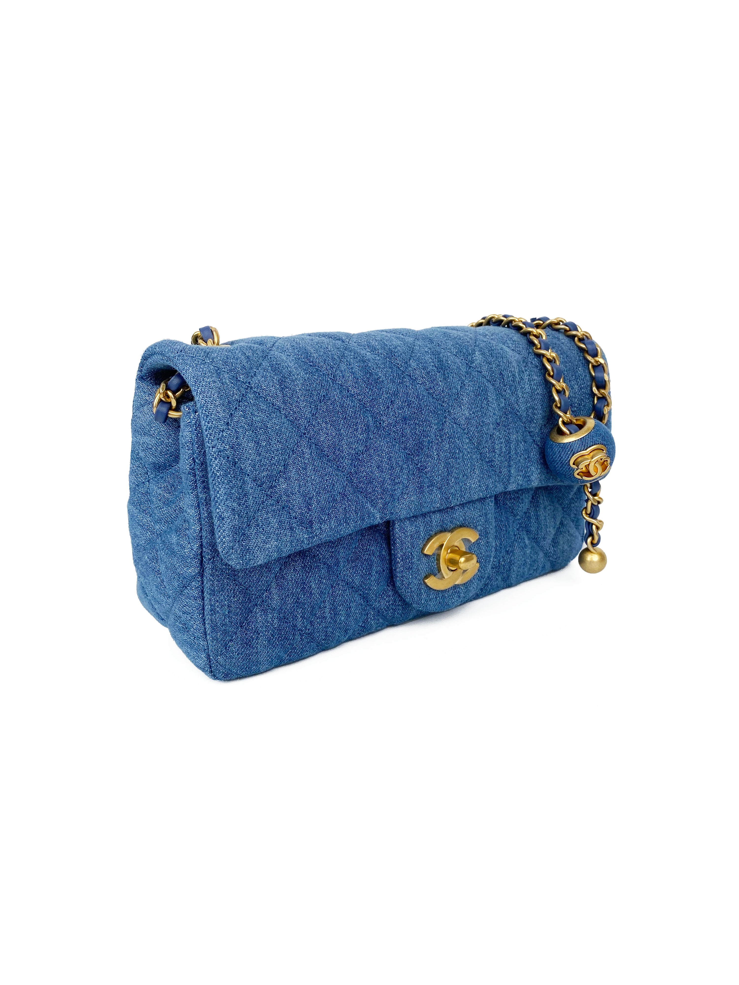 Chanel Mini Denim Classic Flap Bag with Pearl Crush