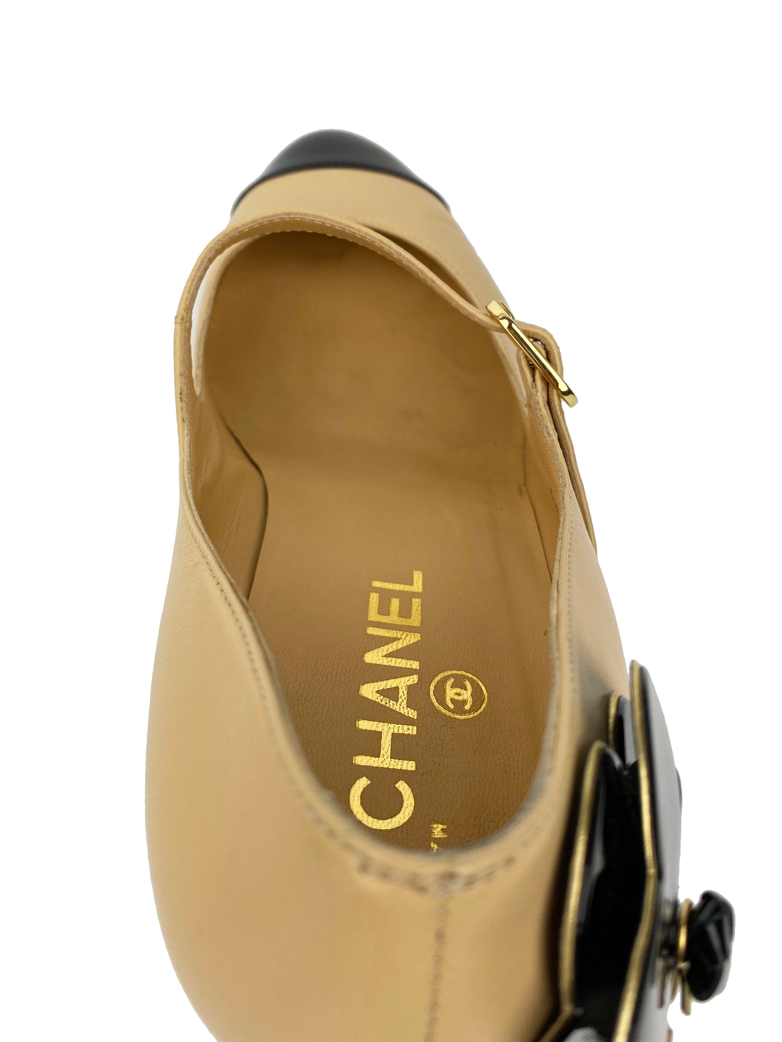 Chanel Nude and Black Leather Mary Jane Camellia Heels 40