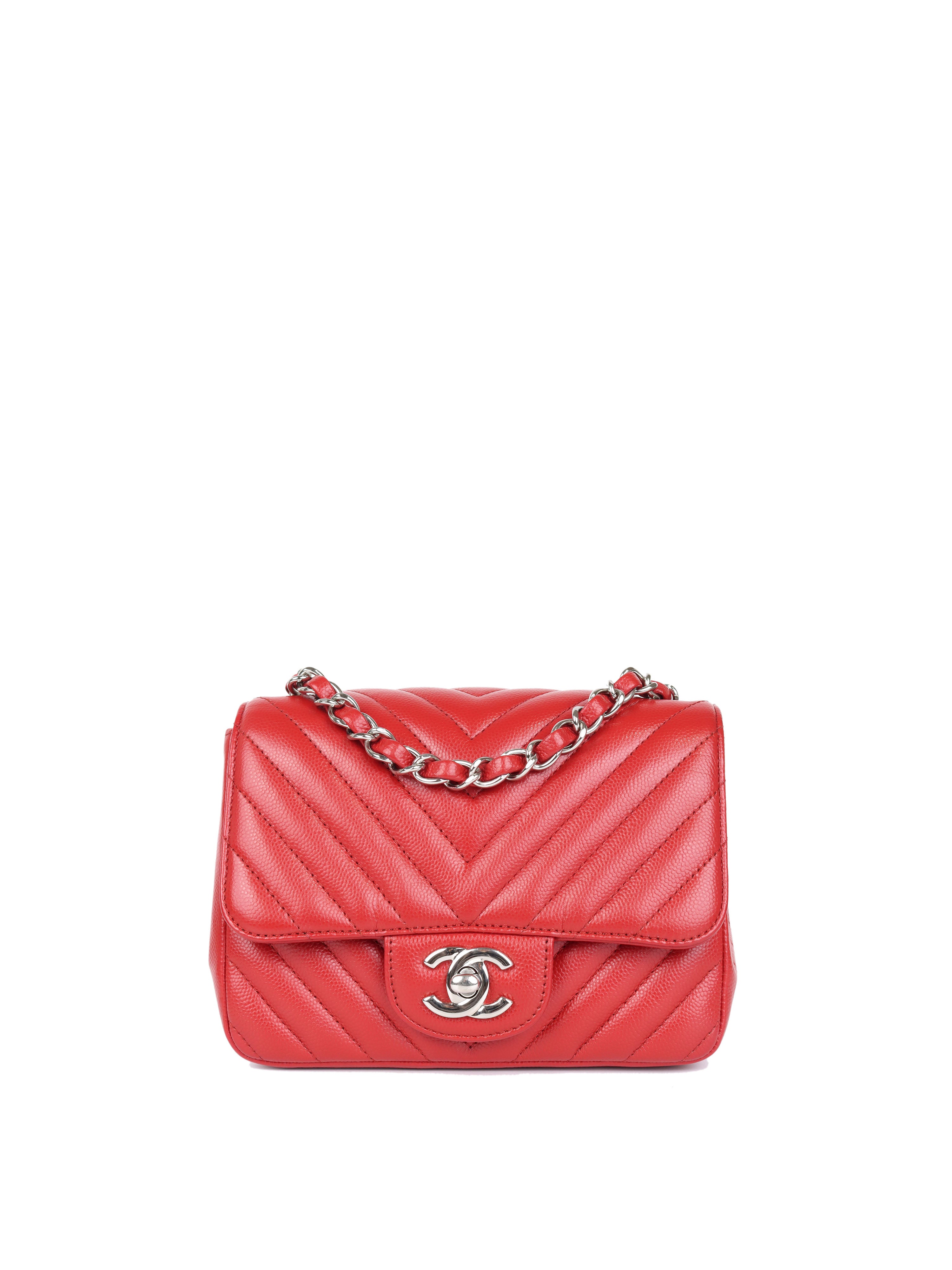 Chanel Red Caviar Chevron Mini Square Classic Flap SHW