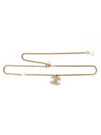 Chanel Brass Gold Logo Necklace with Dangling Pearls
