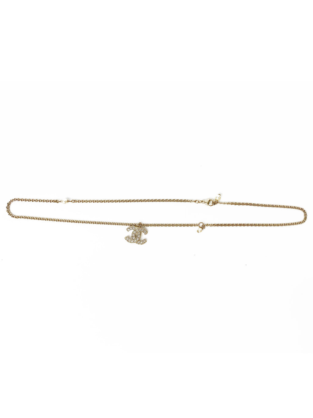 Chanel Brass Gold Logo Necklace with Dangling Pearls