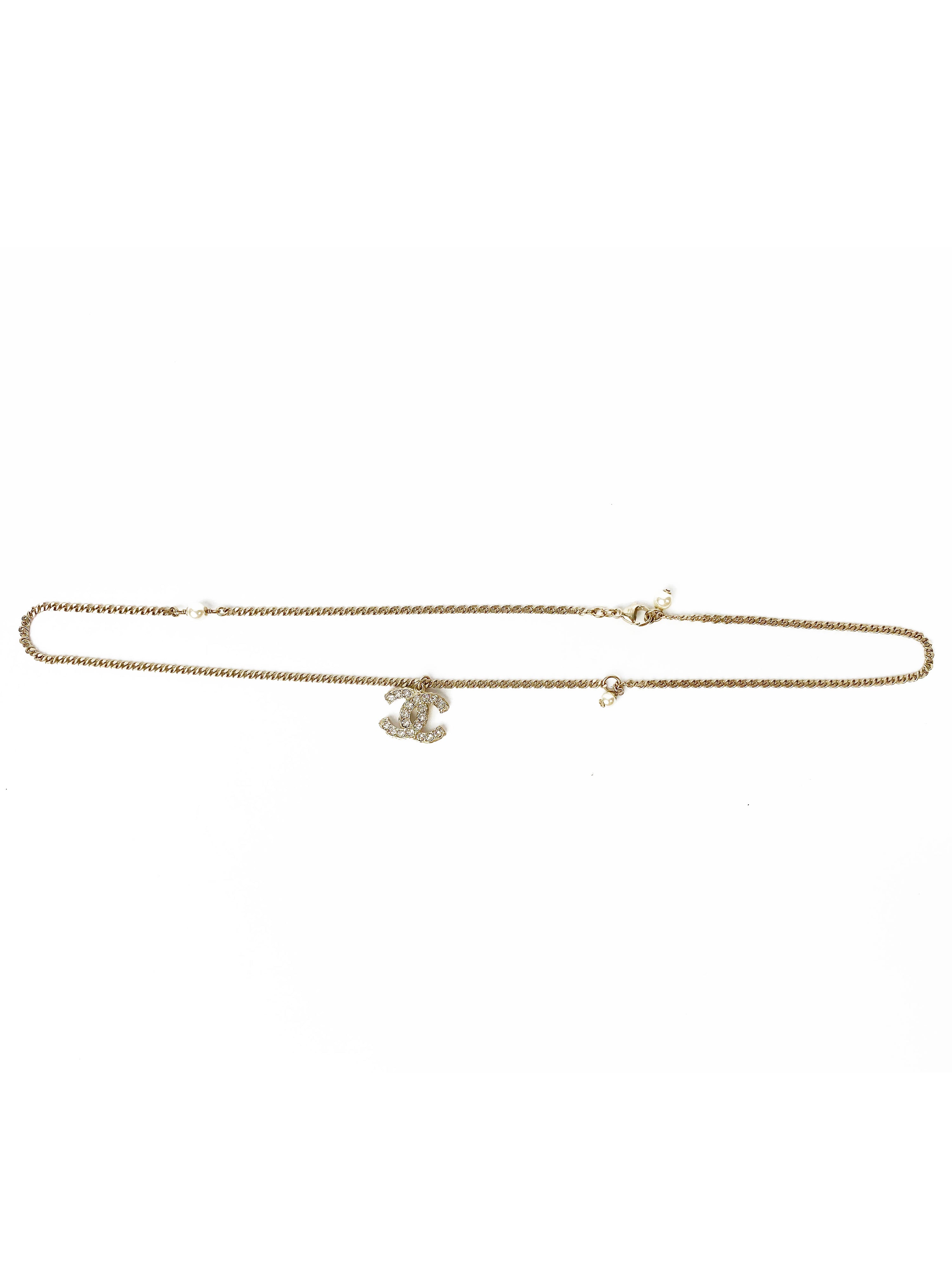 Chanel Brass Gold Logo Necklace with Dangling Pearls