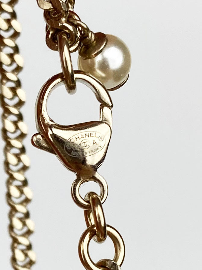 Chanel Brass Gold Logo Necklace with Dangling Pearls