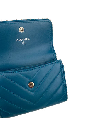 Chanel Teal Chevron Studded Wallet