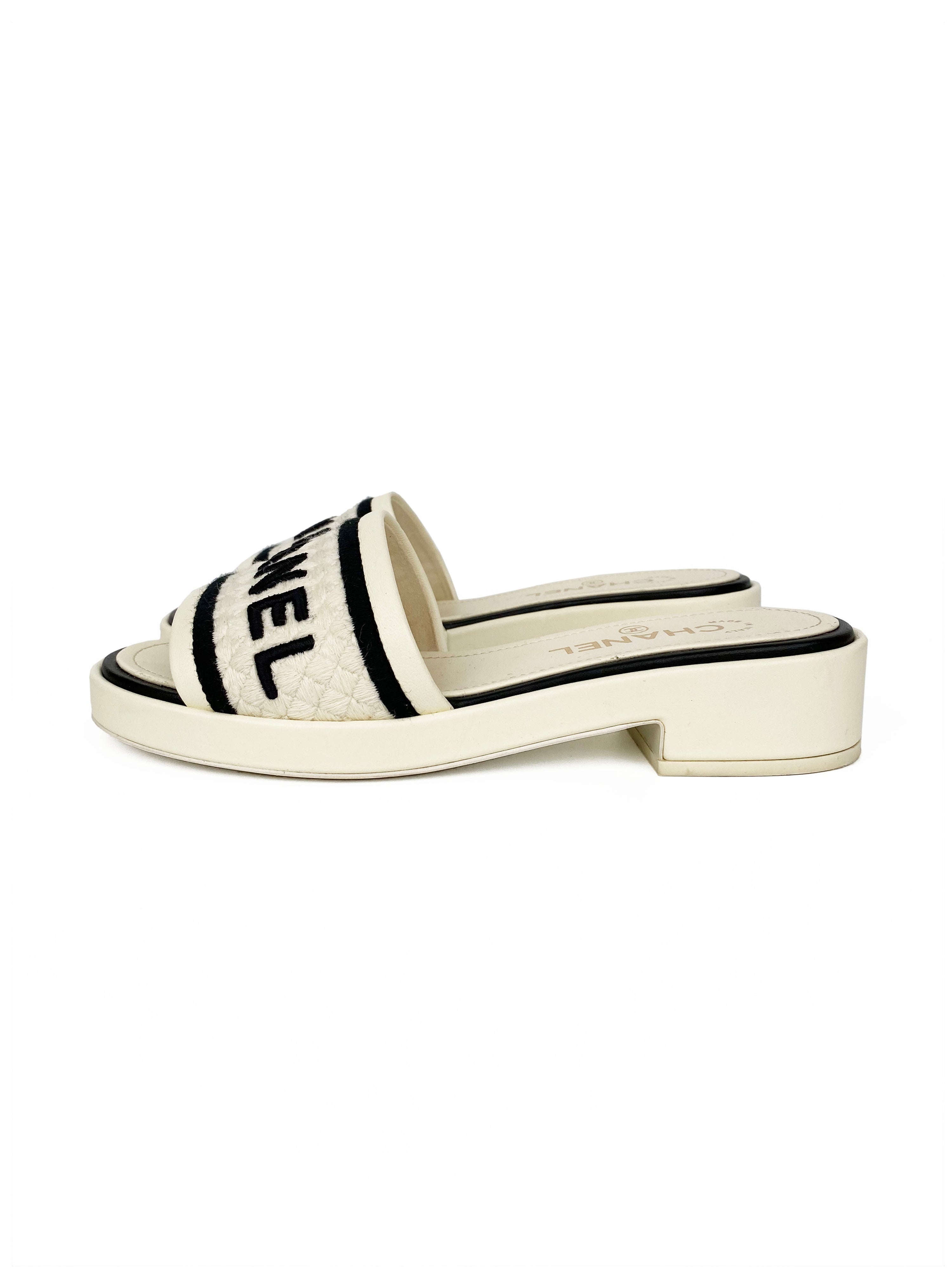 Chanel White Logo Sandals 38