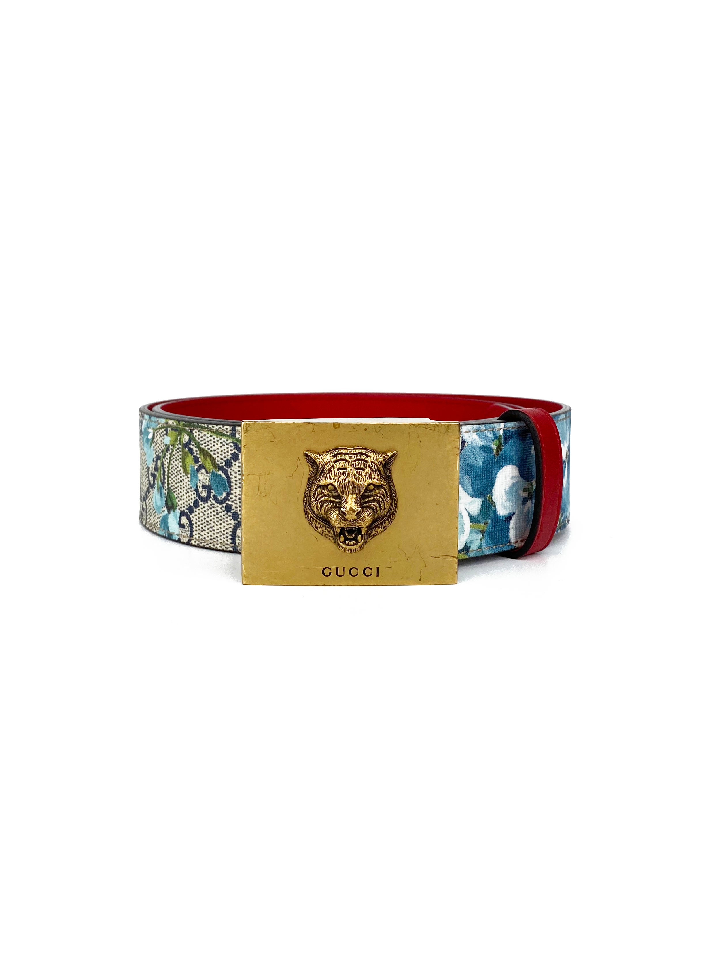 Gucci Blue Blooms Belt with Tiger Head 90