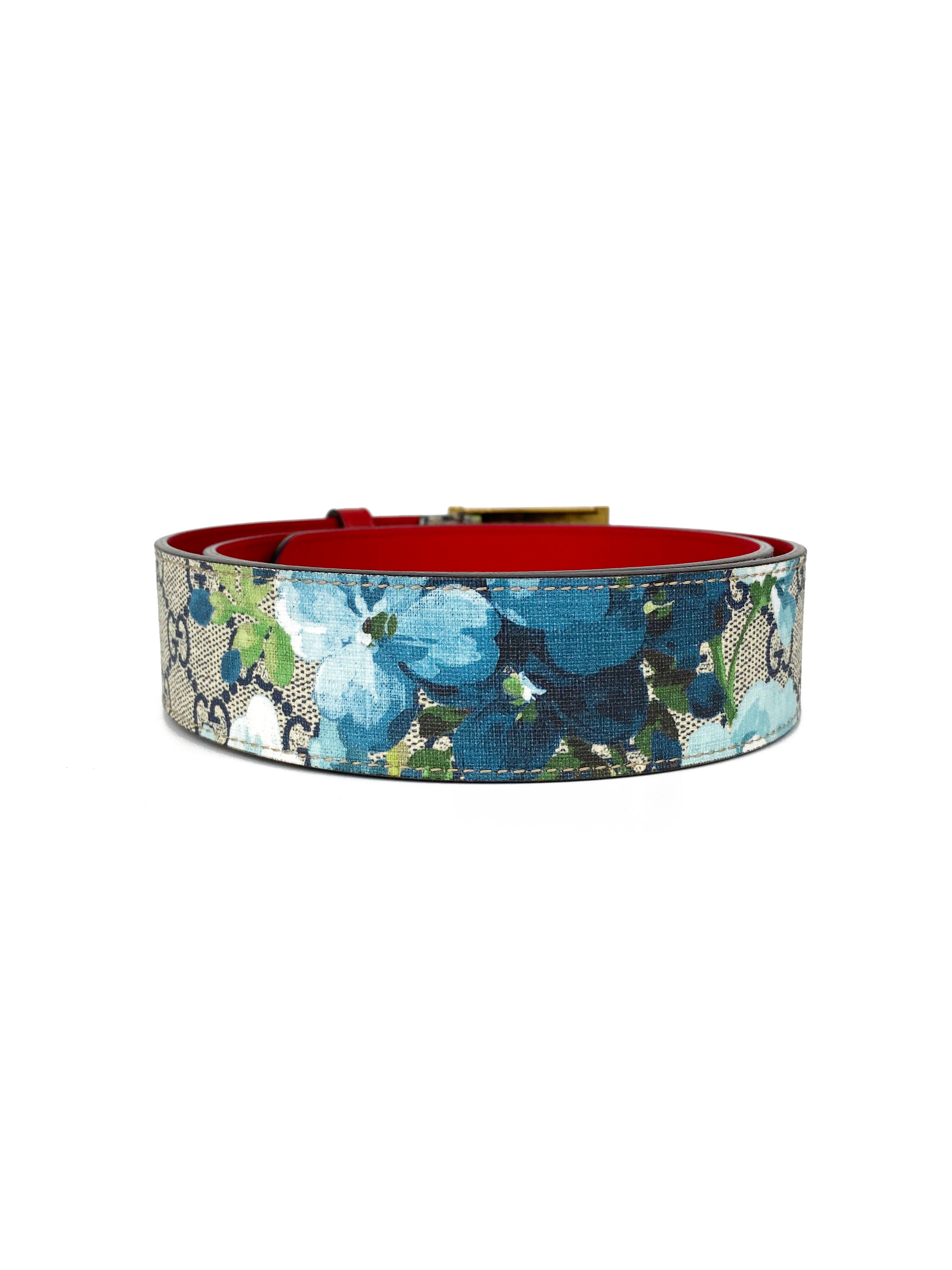 Gucci Belt Blue Bloom & Flower Print With Gold Tiger Buckle