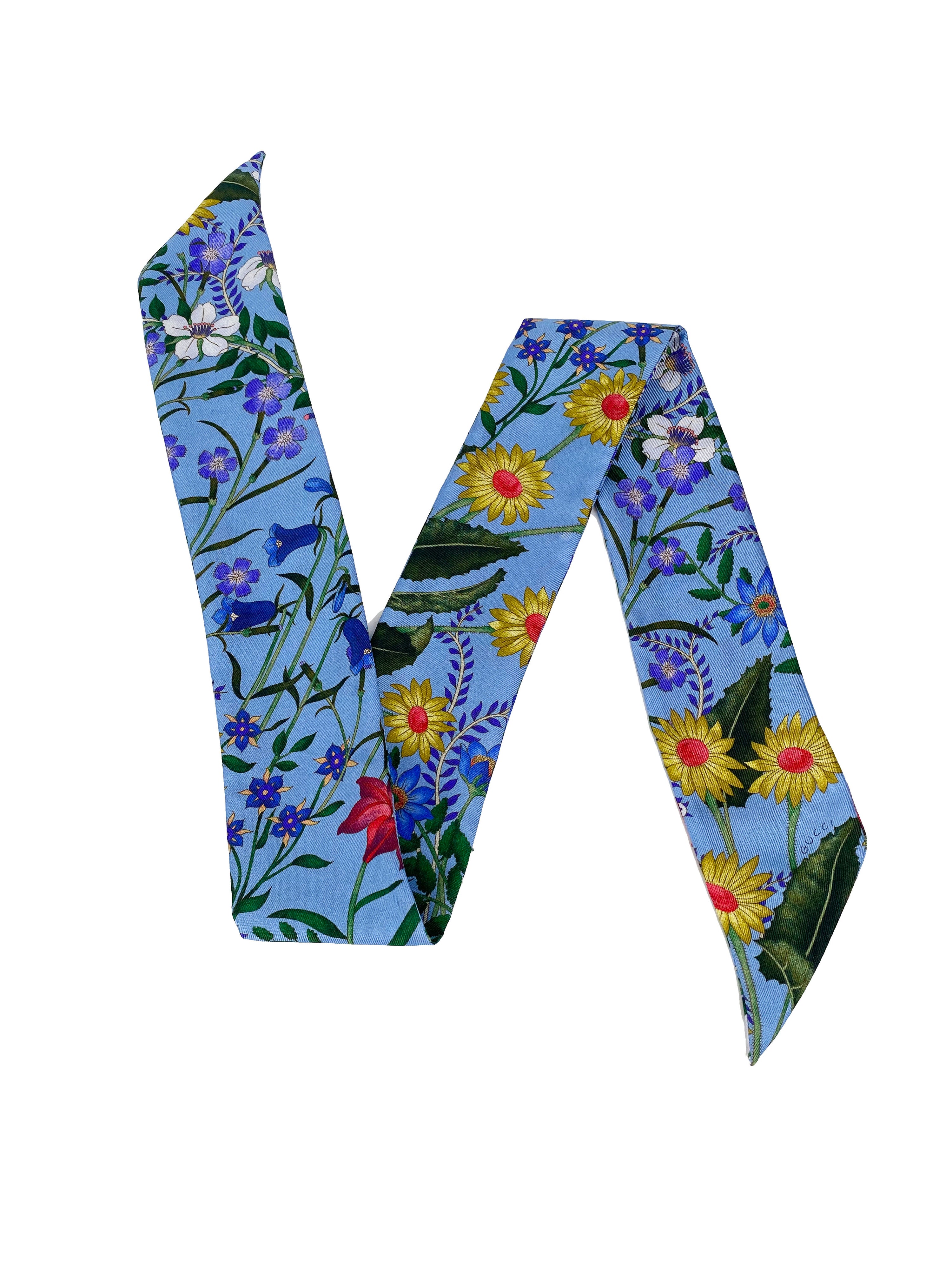 Gucci Blue & Floral Silk Twilly Scarf