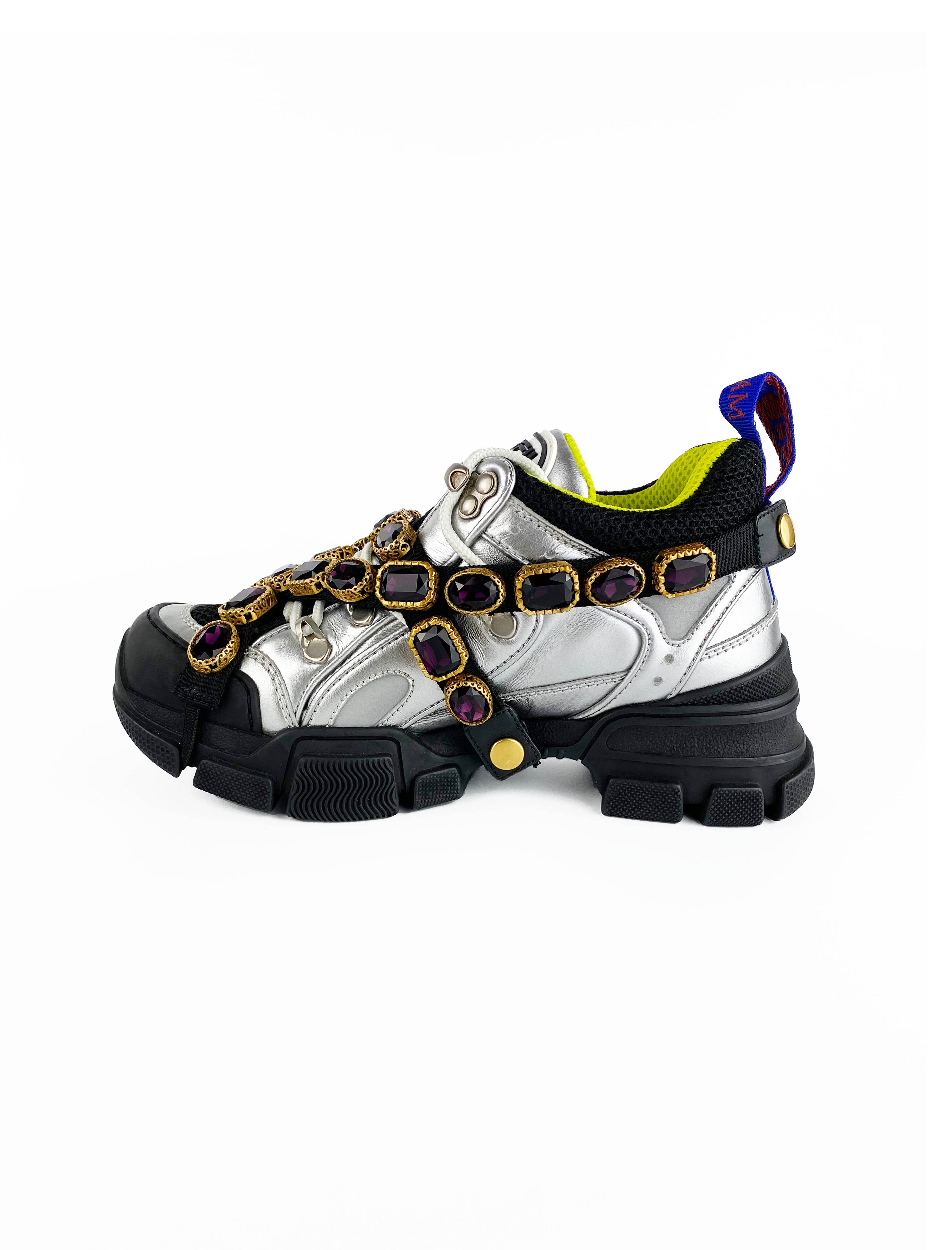 Gucci Silver Flashtrek Sneakers with Removable Crystals 36.5
