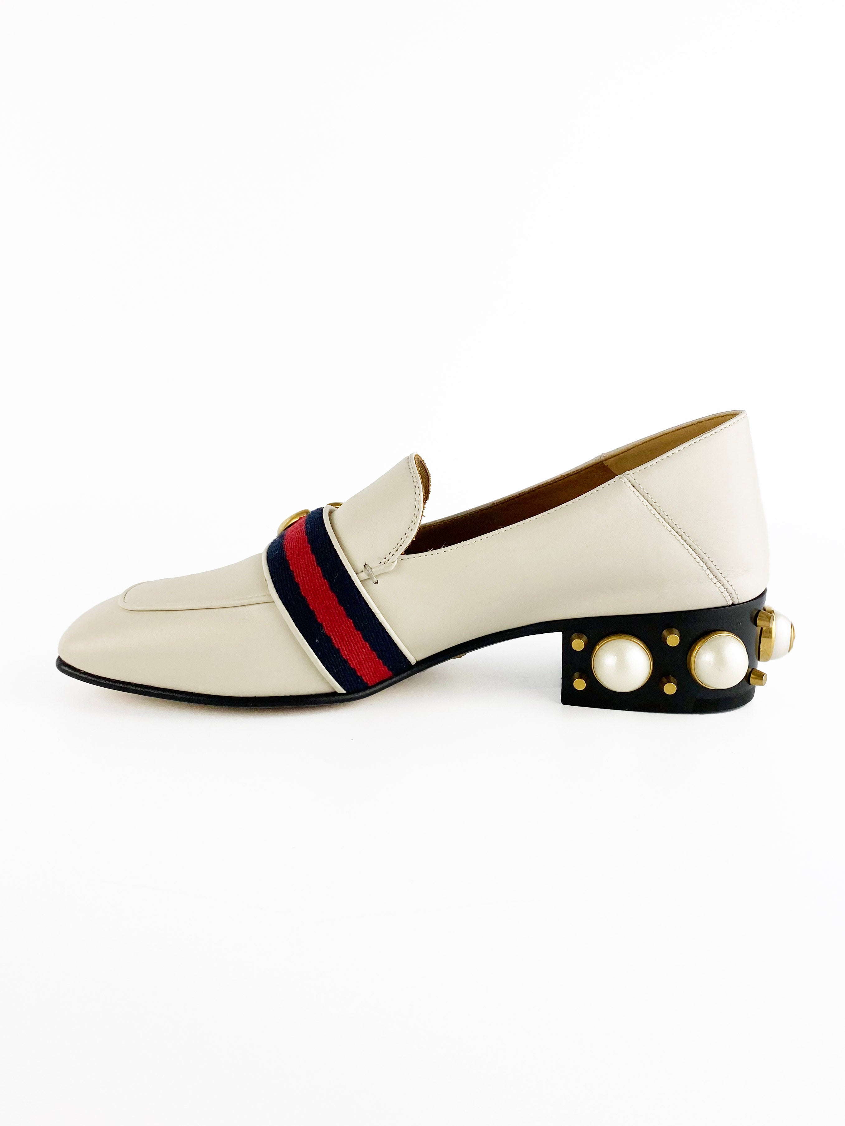 Gucci White Leather Mid-heel Loafers 36