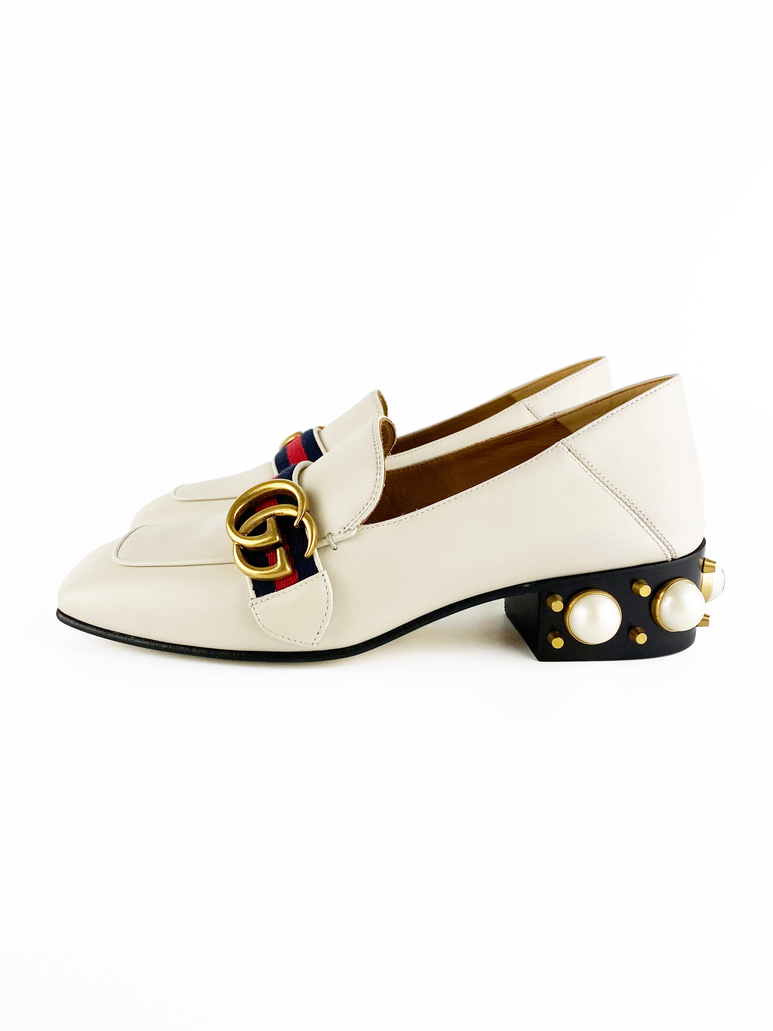 Gucci White Leather Mid-heel Loafers 36