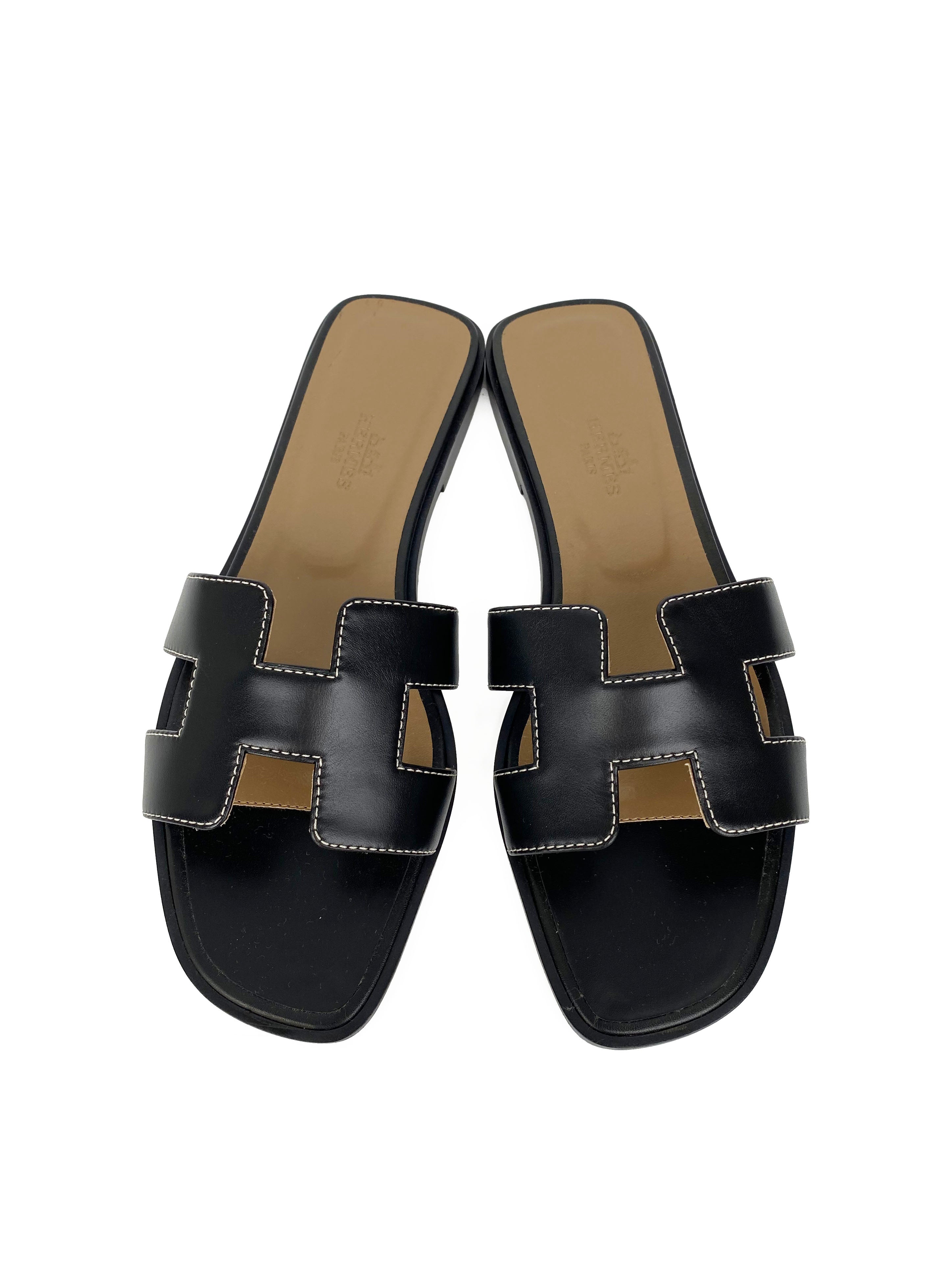 Hermes Black Oran Sandals 37.5
