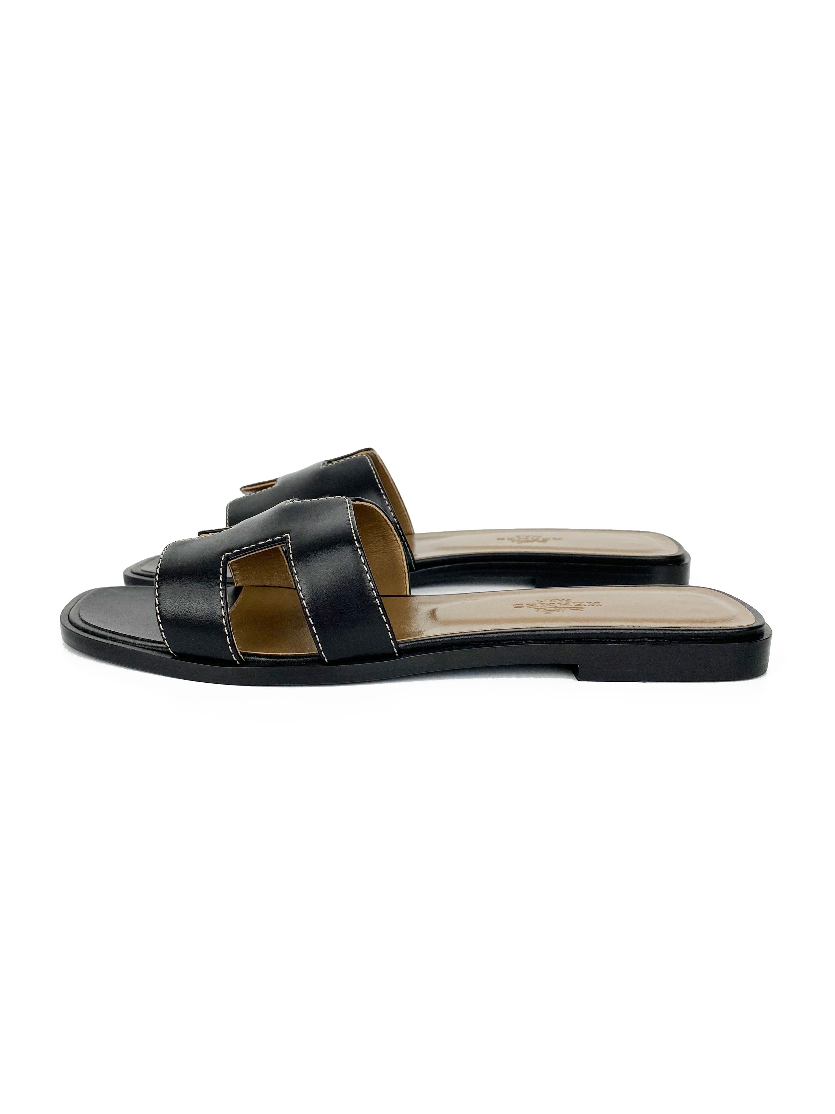 Hermes Black Oran Sandals 37.5