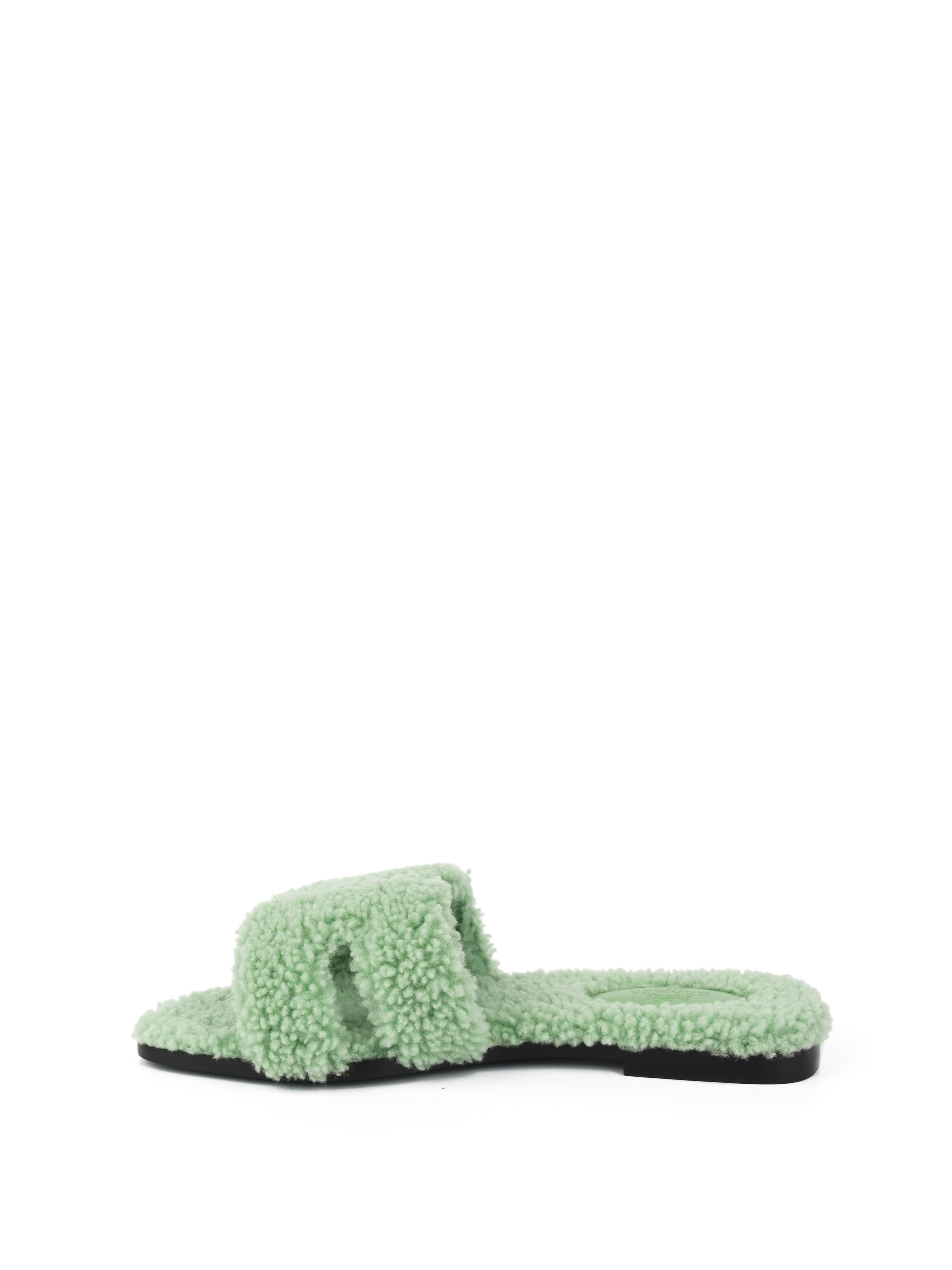 Hermes, Shoes, New Hermes Oran Shearling Teddy Sandals In Vert Deau Sea  Green Size 38