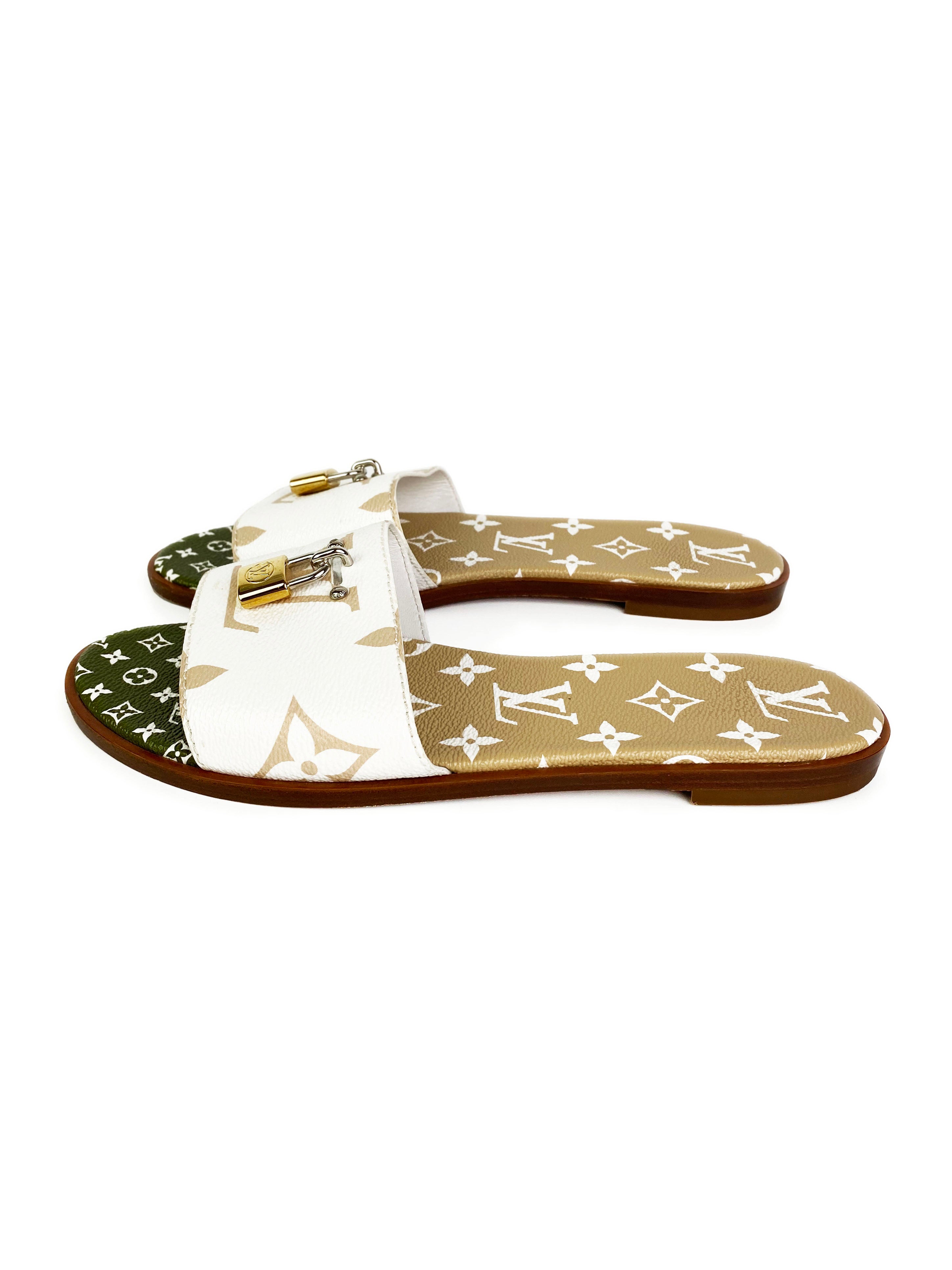 Louis Vuitton White, Khaki and Mocha Lock It Flat Mules 38