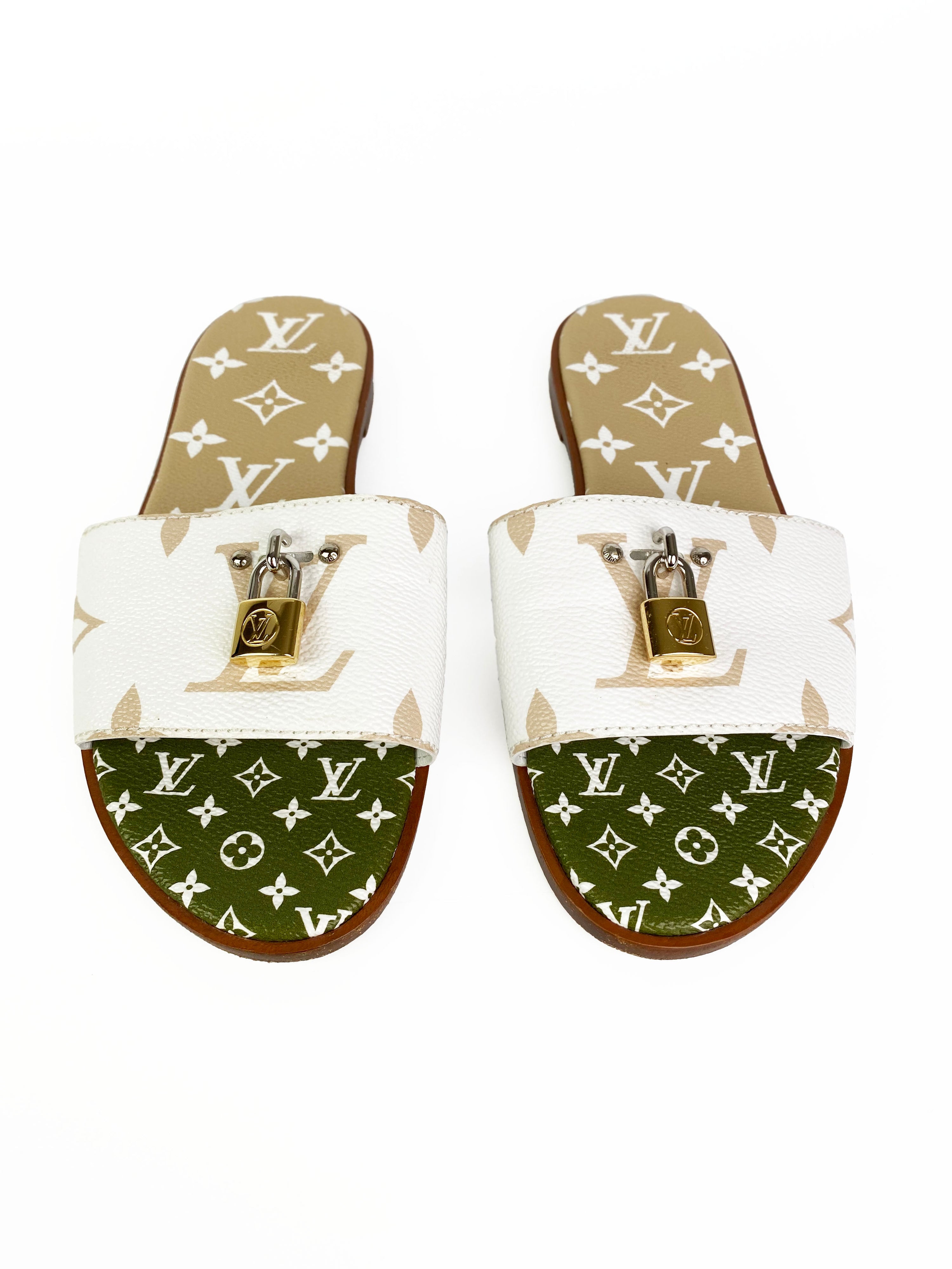 Louis Vuitton White, Khaki and Mocha Lock It Flat Mules 38