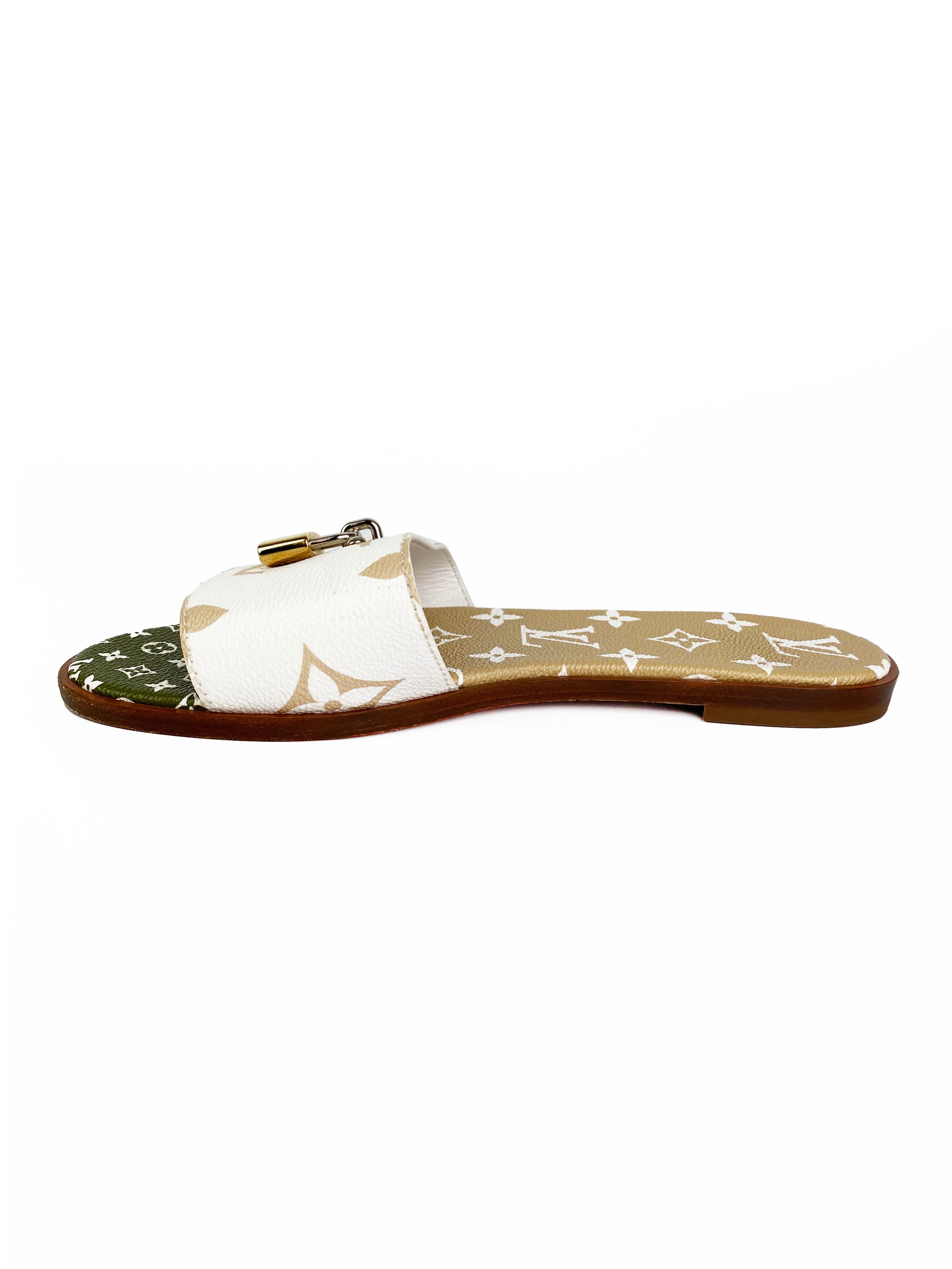 Louis Vuitton White, Khaki and Mocha Lock It Flat Mules 38