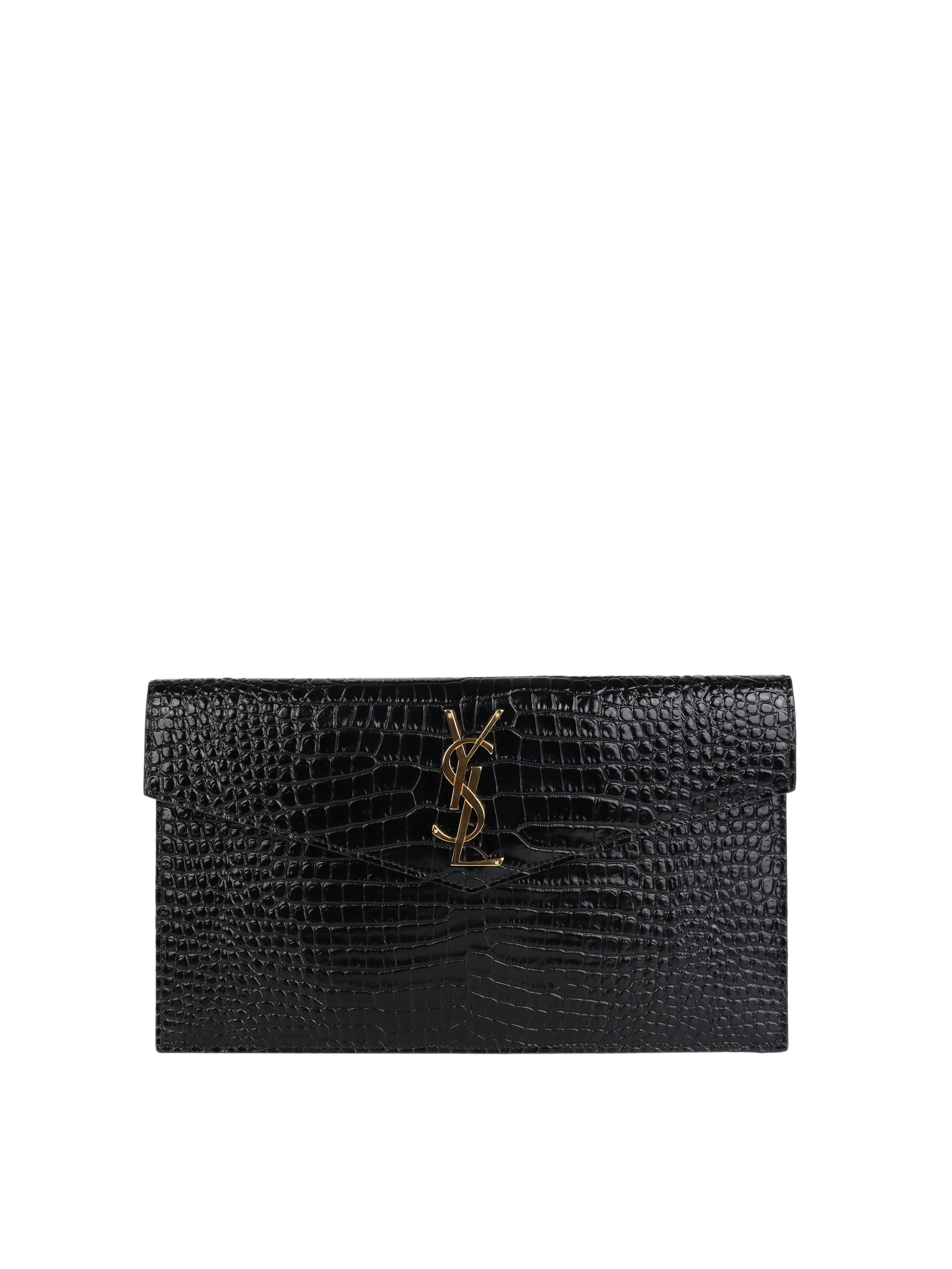 Saint Laurent Black Croc Embossed Uptown Pouch GHW