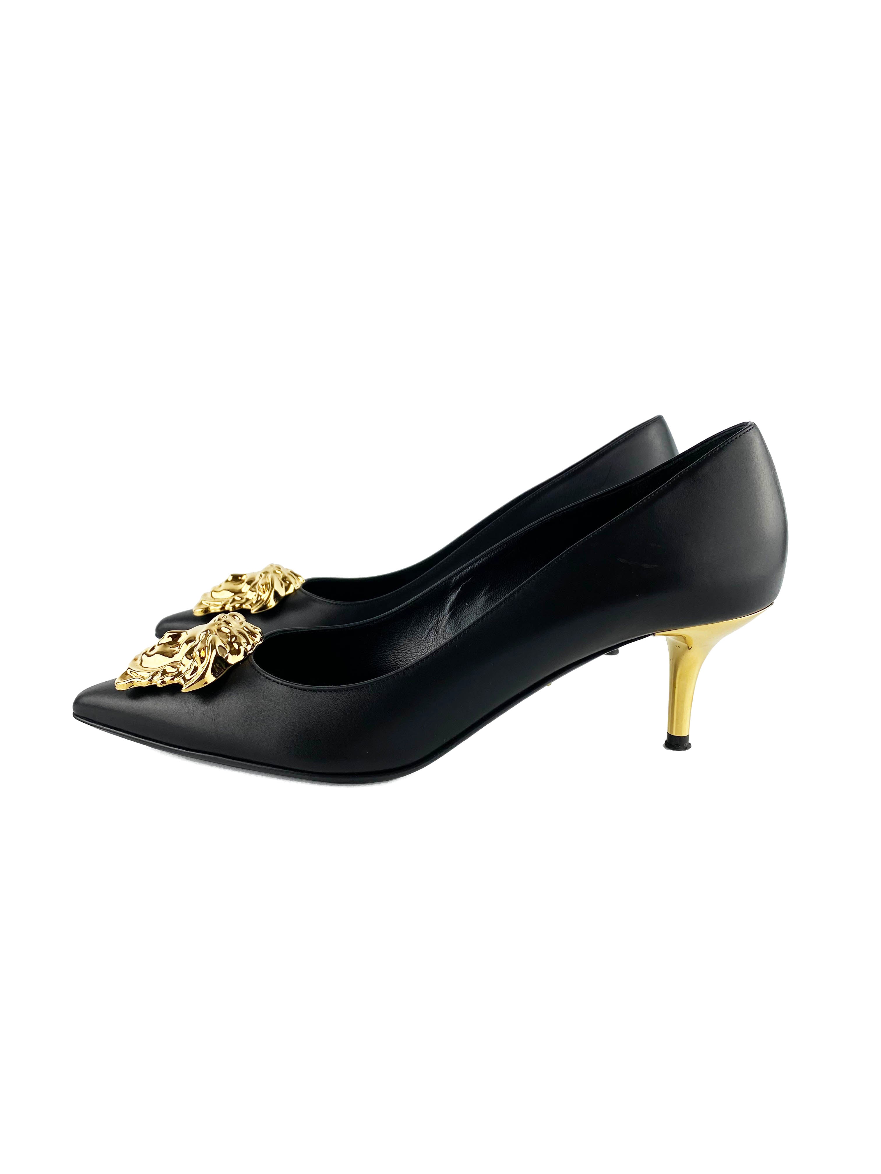 Versace Black & Gold Medusa Head Kitten Heels 39