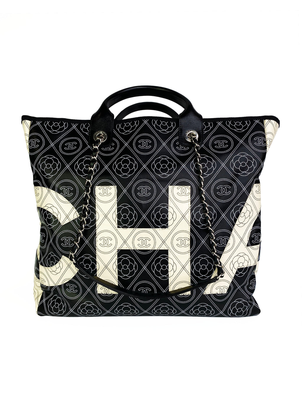 Chanel Black & White Logo Camellia Large Shopping Tote