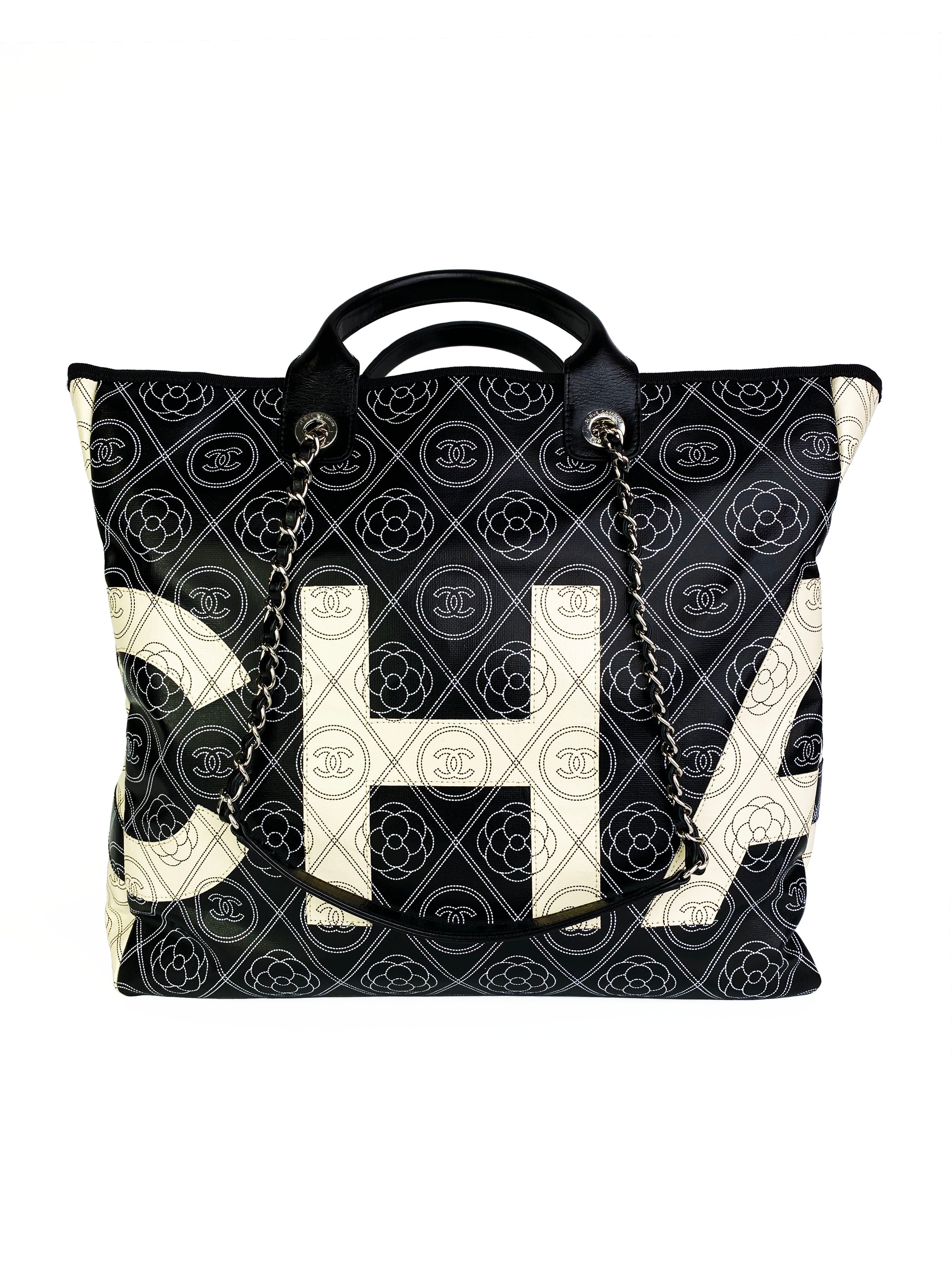 Chanel Black & White Logo Camellia Large Shopping Tote