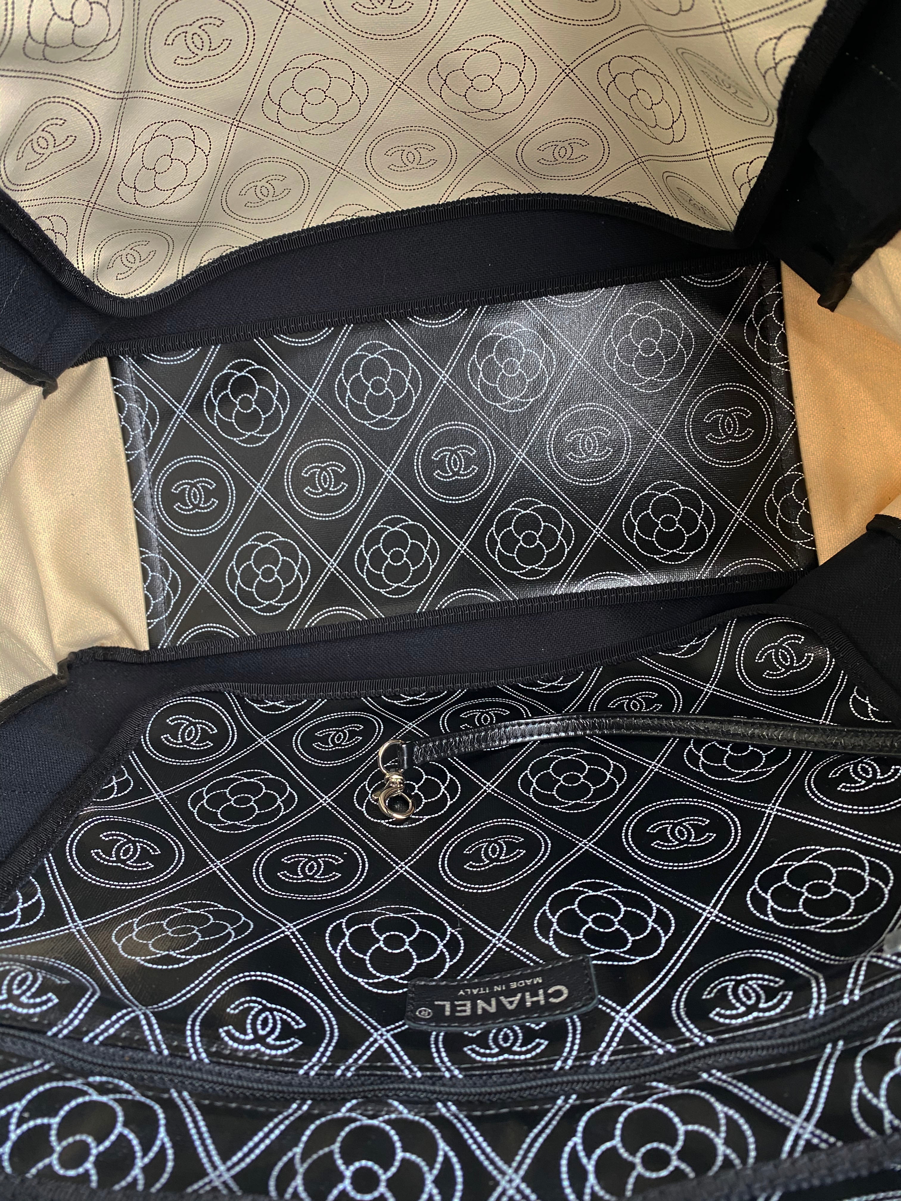 Chanel Black & White Logo Camellia Large Shopping Tote