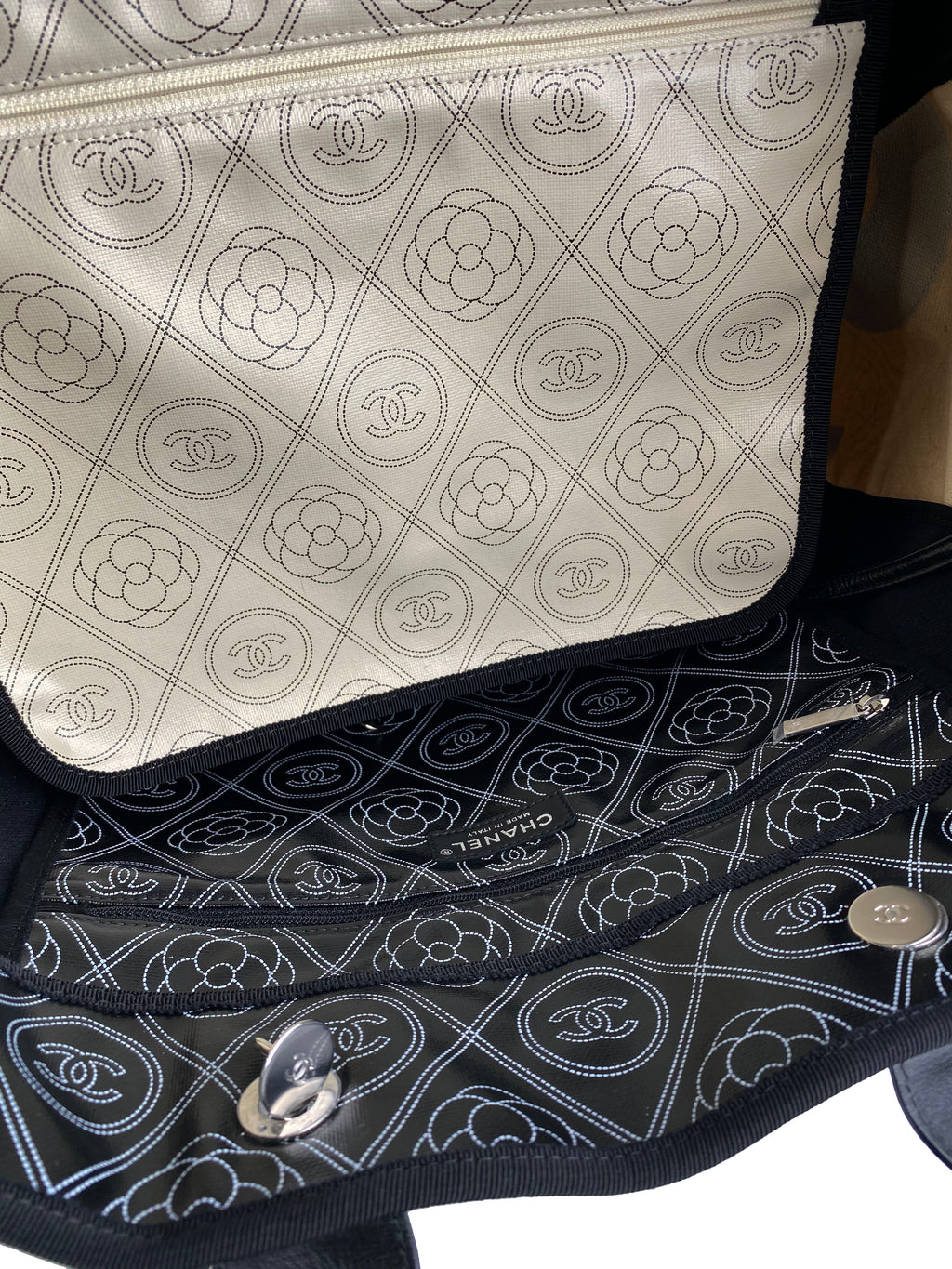 Chanel Black & White Logo Camellia Large Shopping Tote
