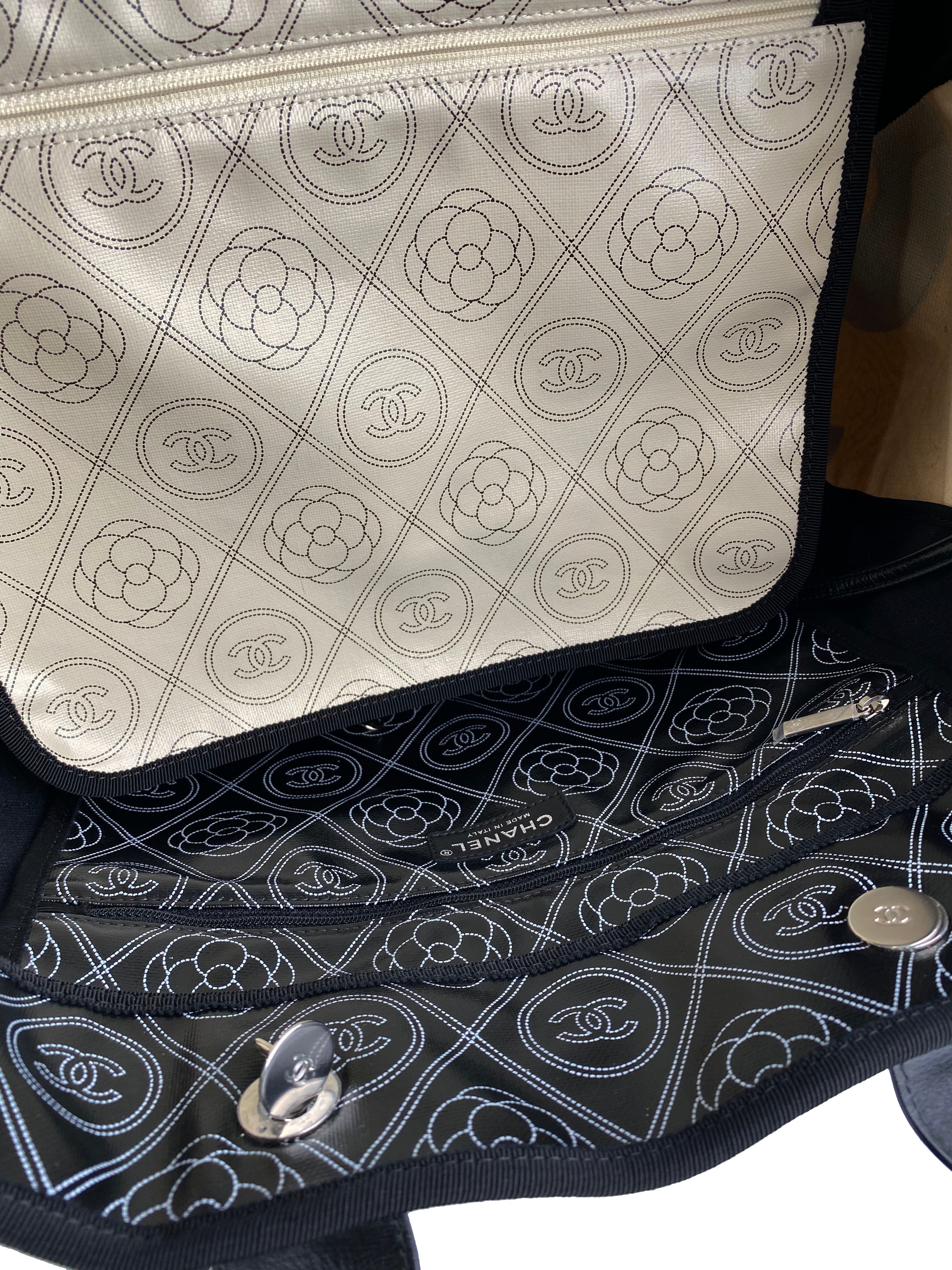 Chanel Black & White Logo Camellia Large Shopping Tote
