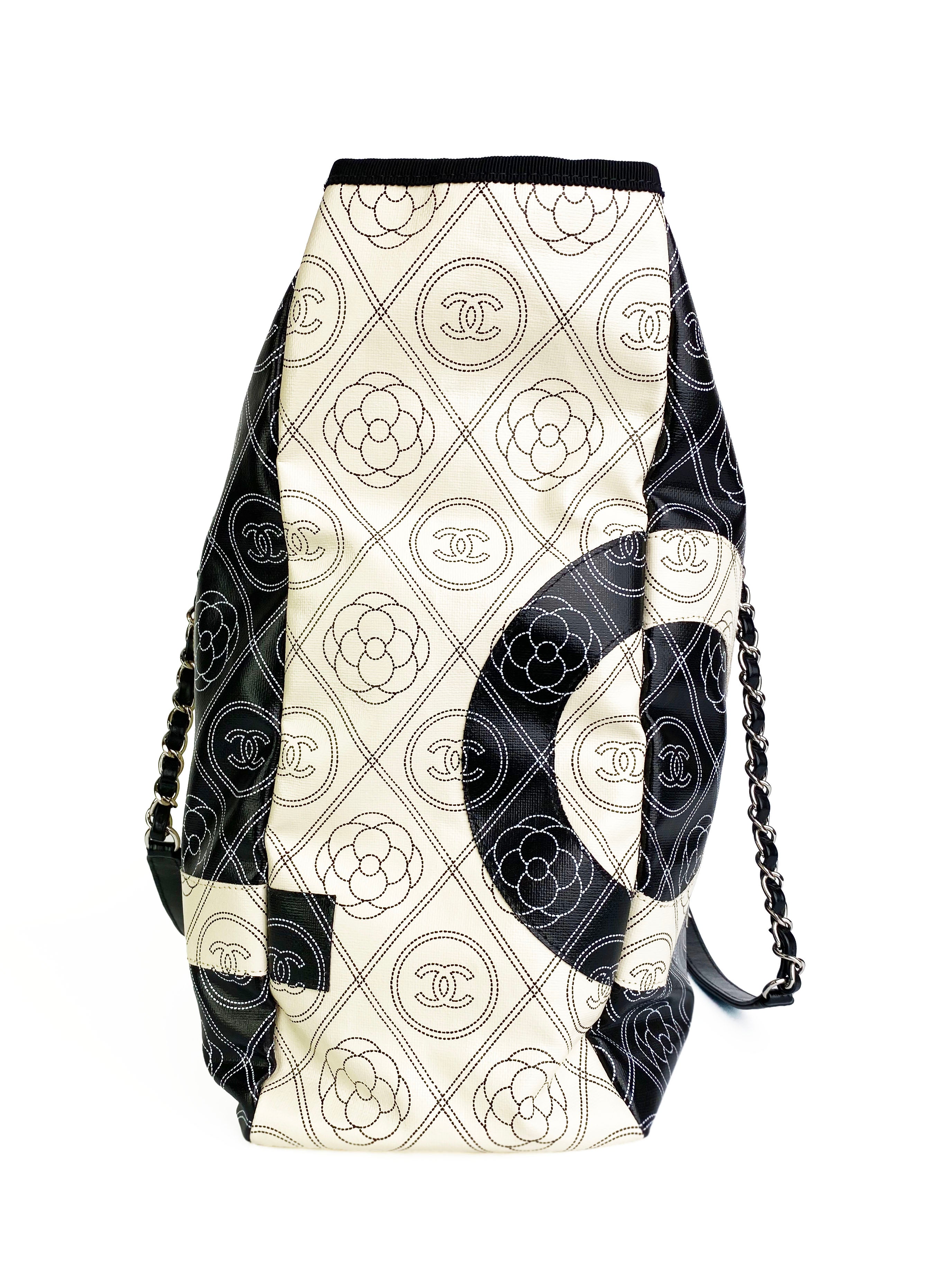 Chanel Black & White Logo Camellia Large Shopping Tote