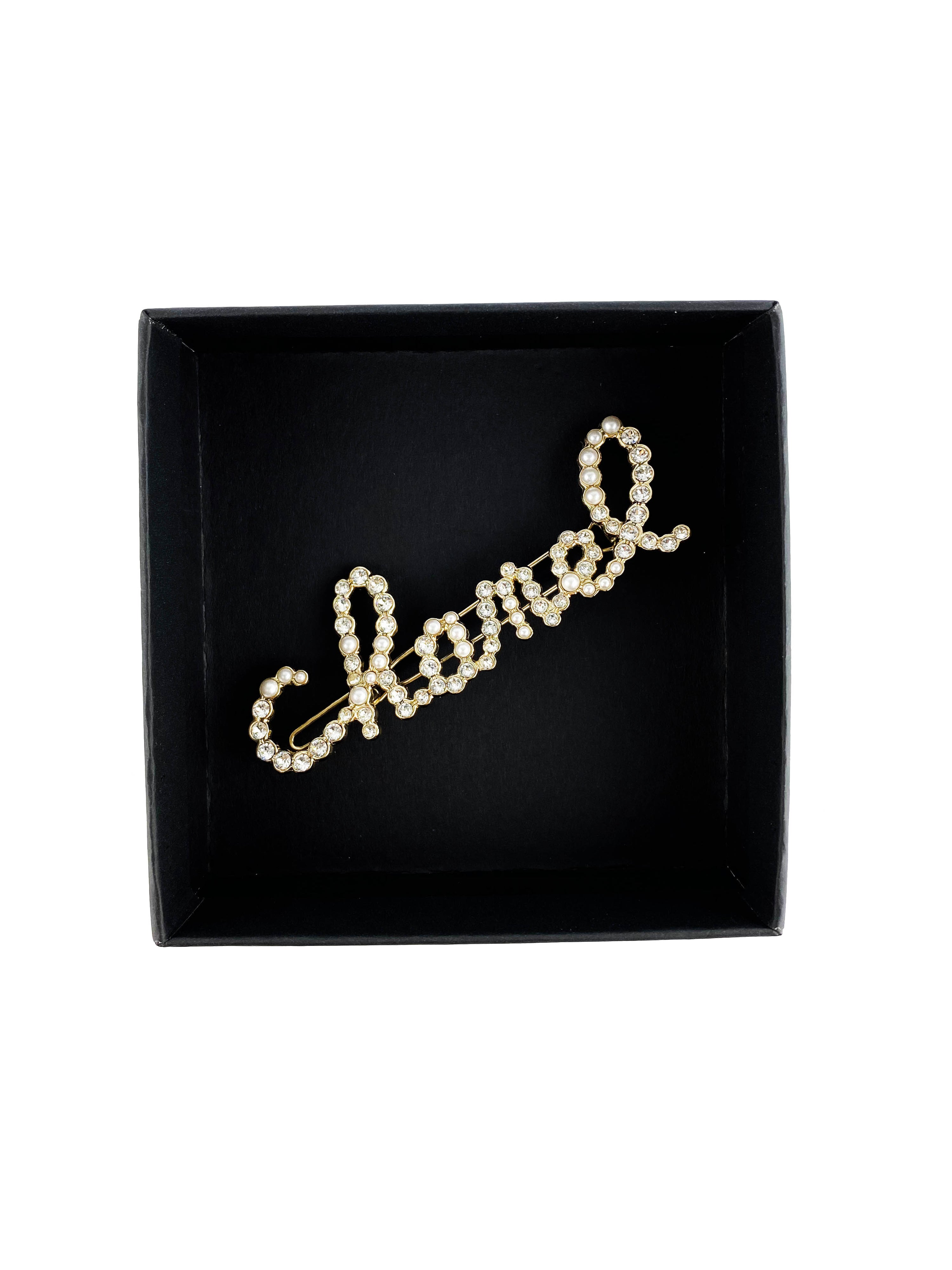 Chanel Swirling Logo Faux Pearl & Crystal Hair Clip