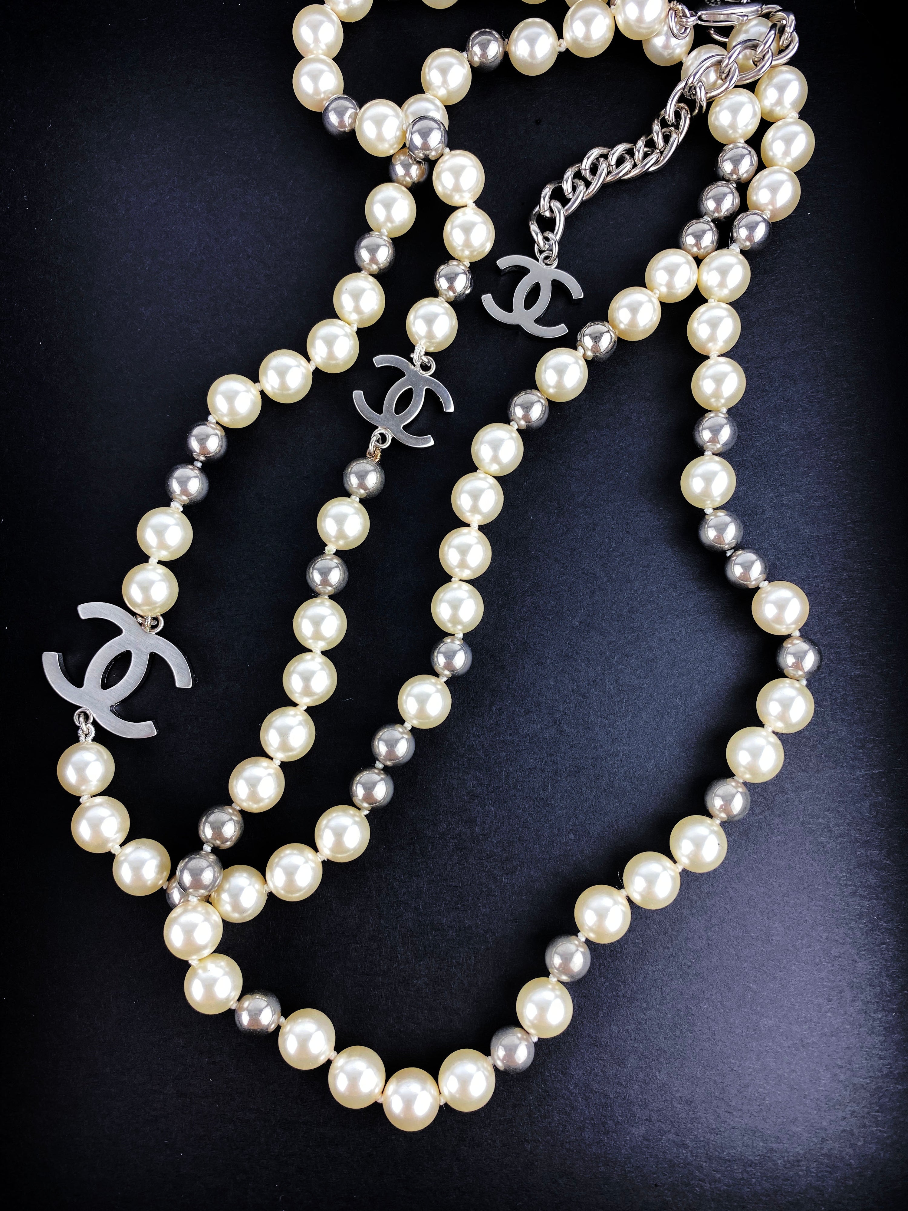 Chanel White Silver Pearl CC Long Necklace