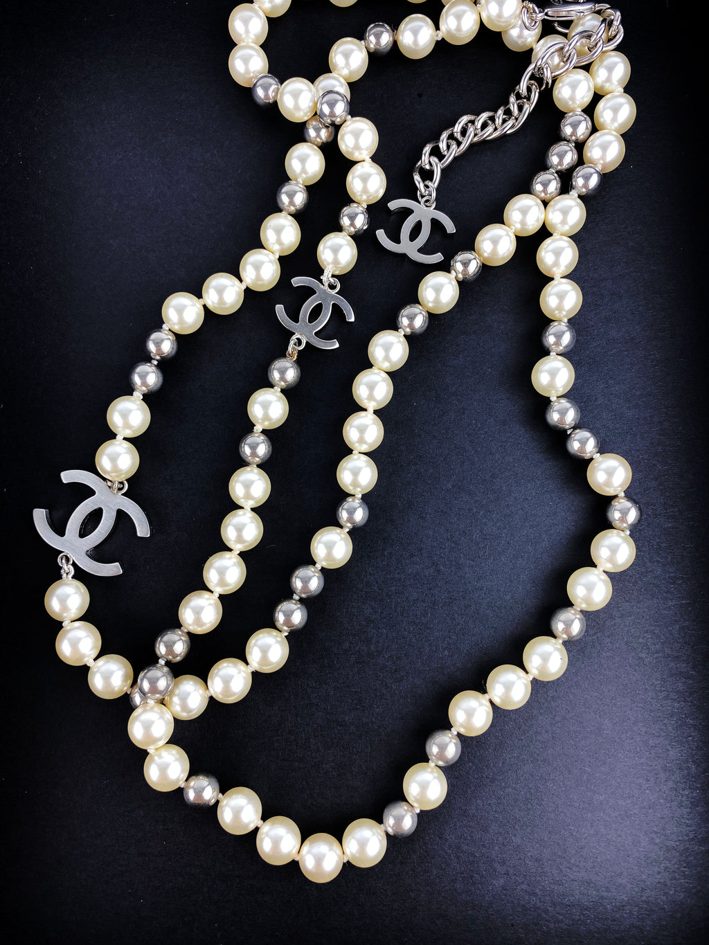 Chanel White Silver Pearl CC Long Necklace