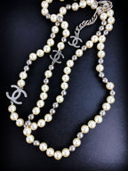 Chanel White Silver Pearl CC Long Necklace