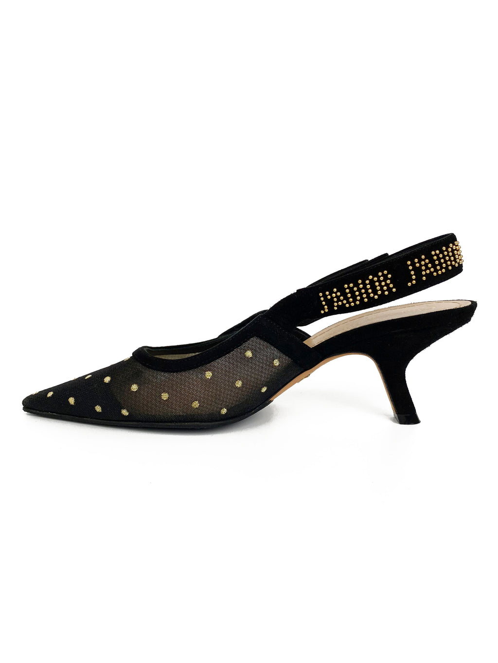 Christian Dior Black & Gold Plumetis Slingback Heels 37