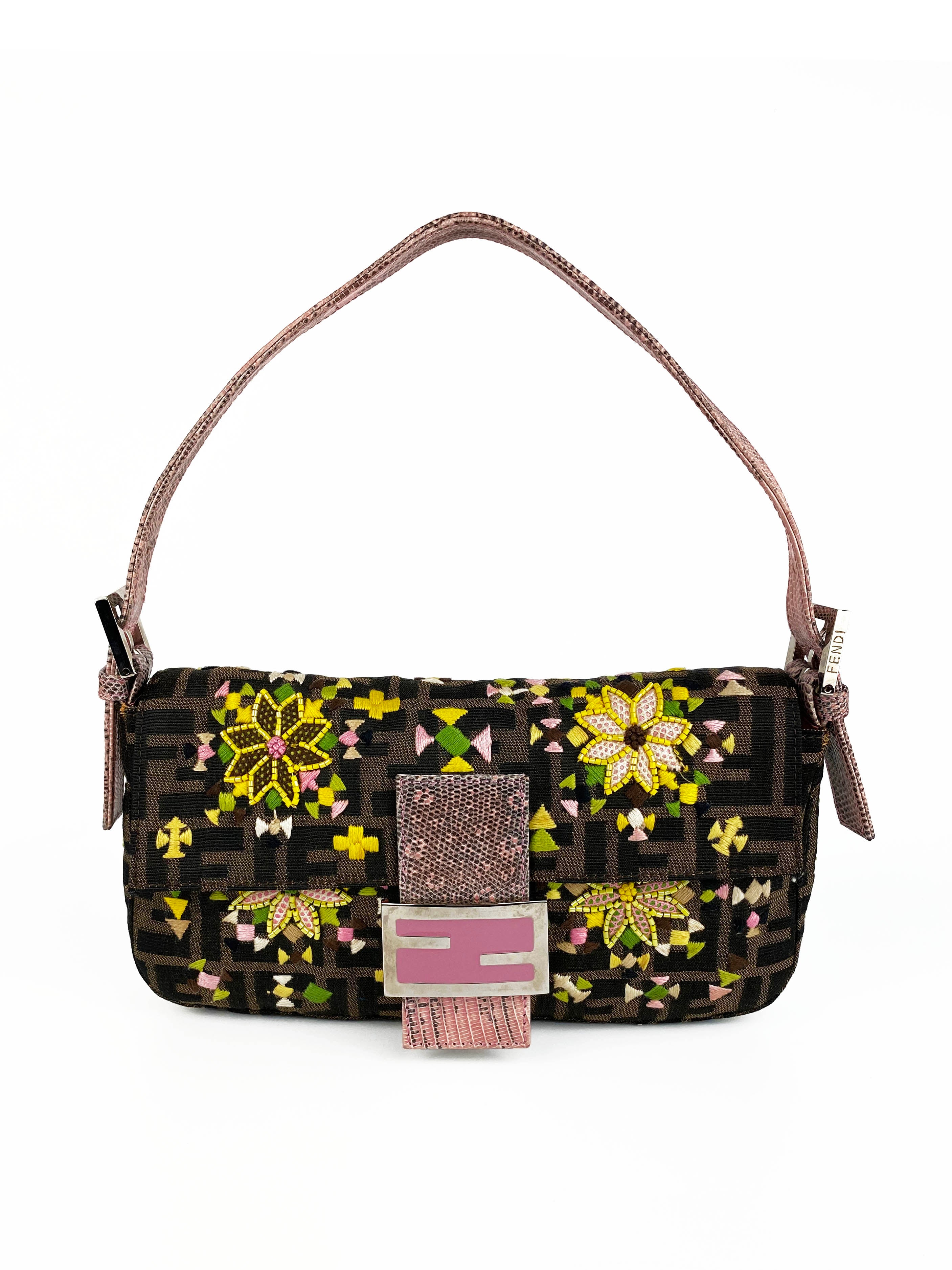 Fendi Vintage Monogram Baguette Bag with Lizard Trim and Strap