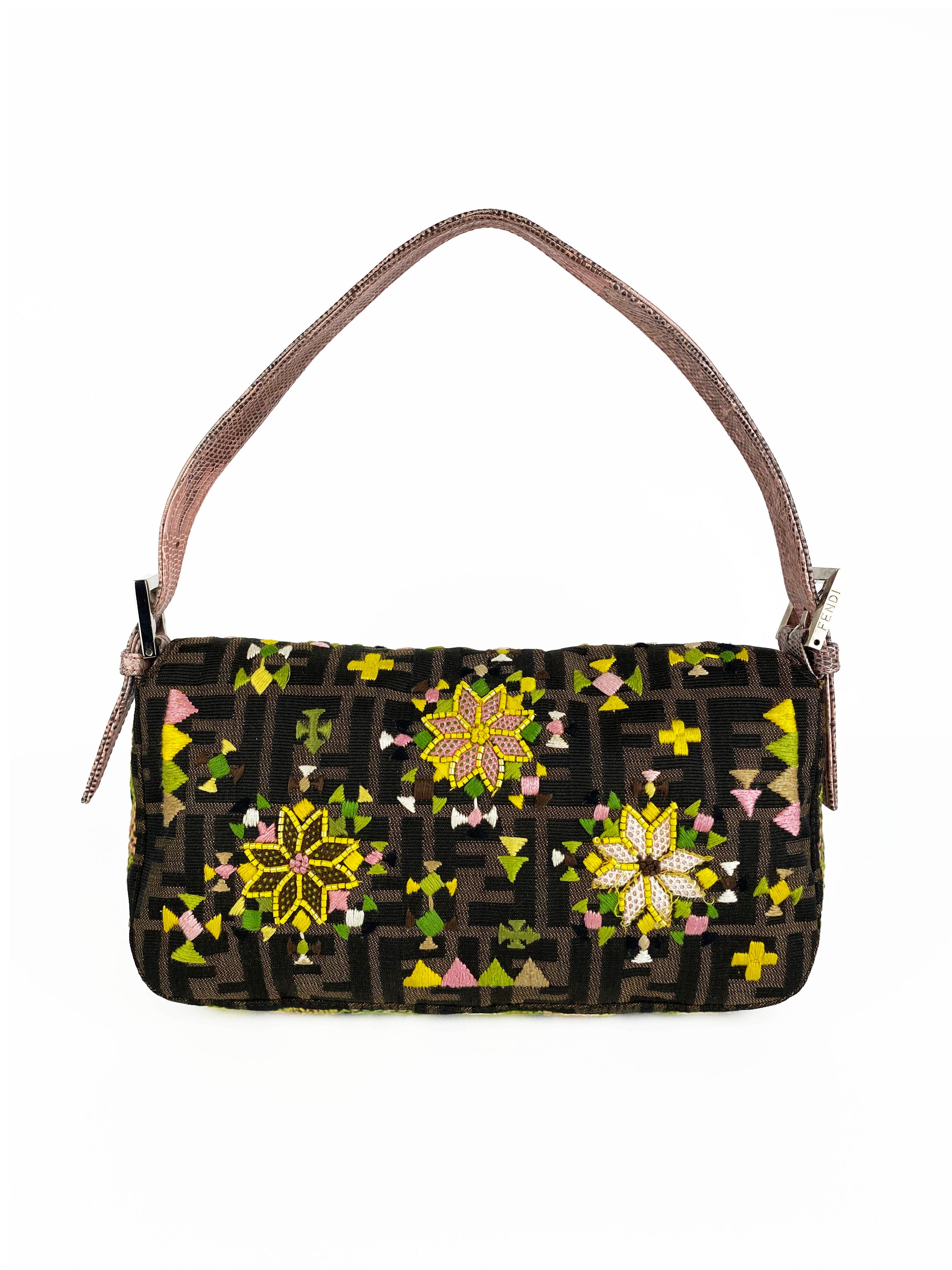 Fendi Vintage Monogram Baguette Bag with Lizard Trim and Strap