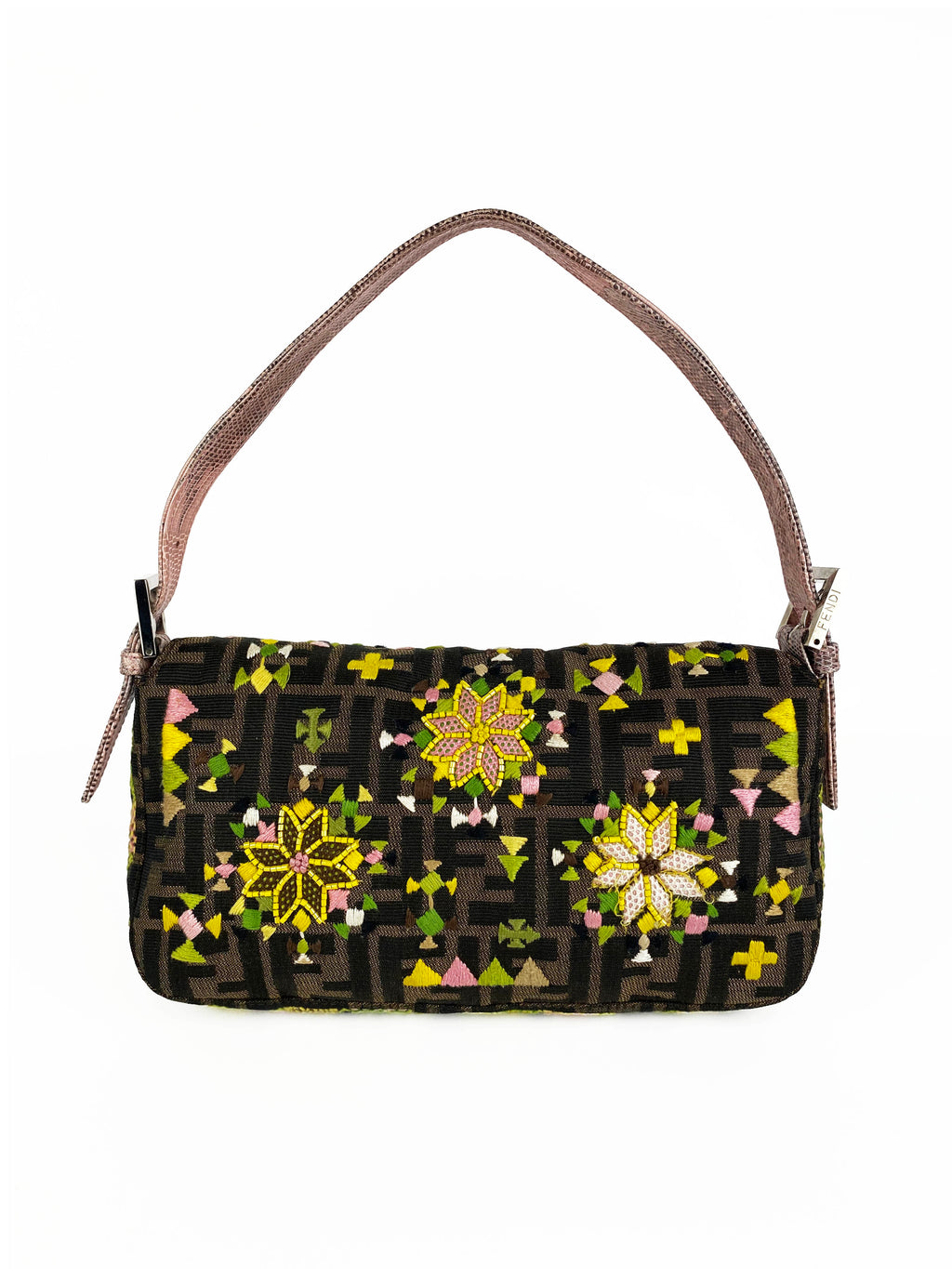 Fendi Vintage Monogram Baguette Bag with Lizard Trim and Strap