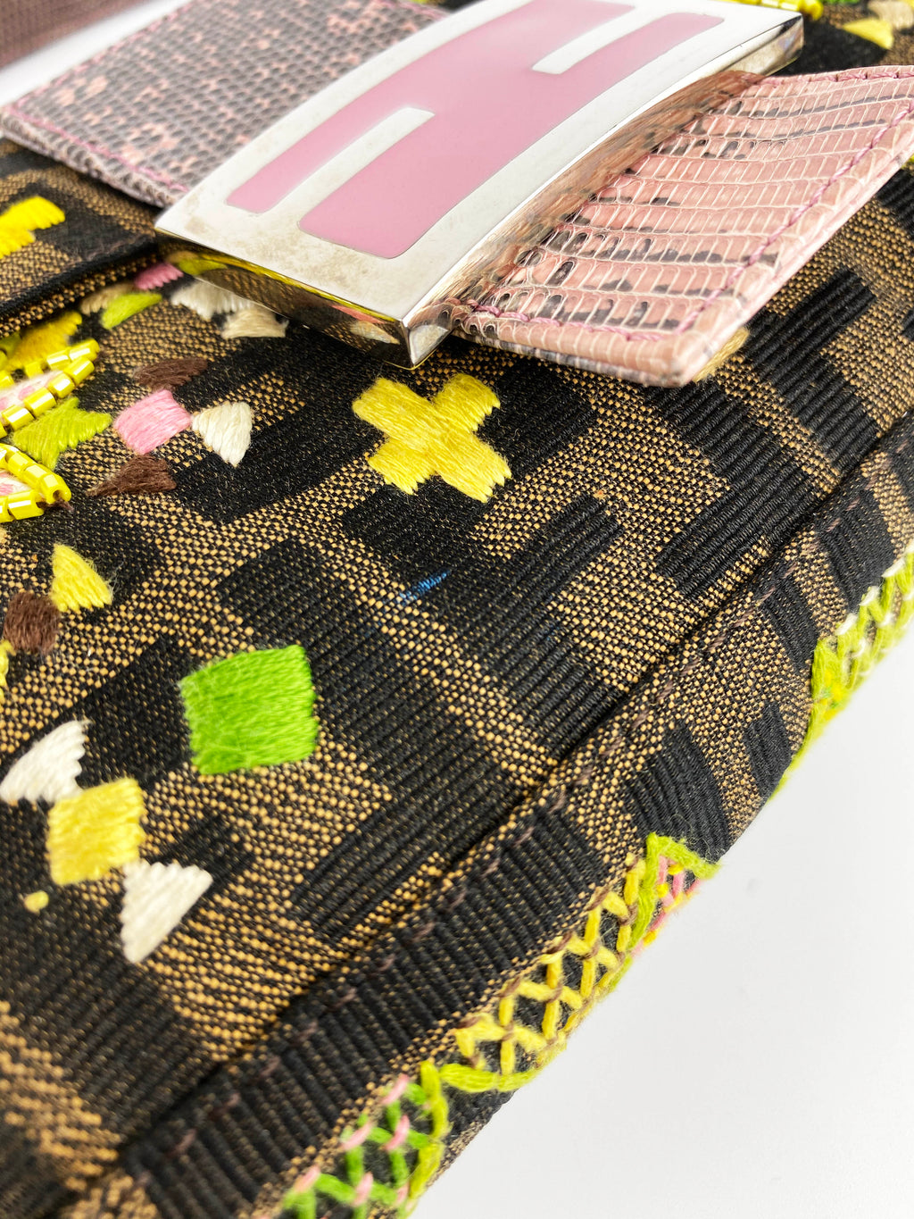 Fendi Vintage Monogram Baguette Bag with Lizard Trim and Strap