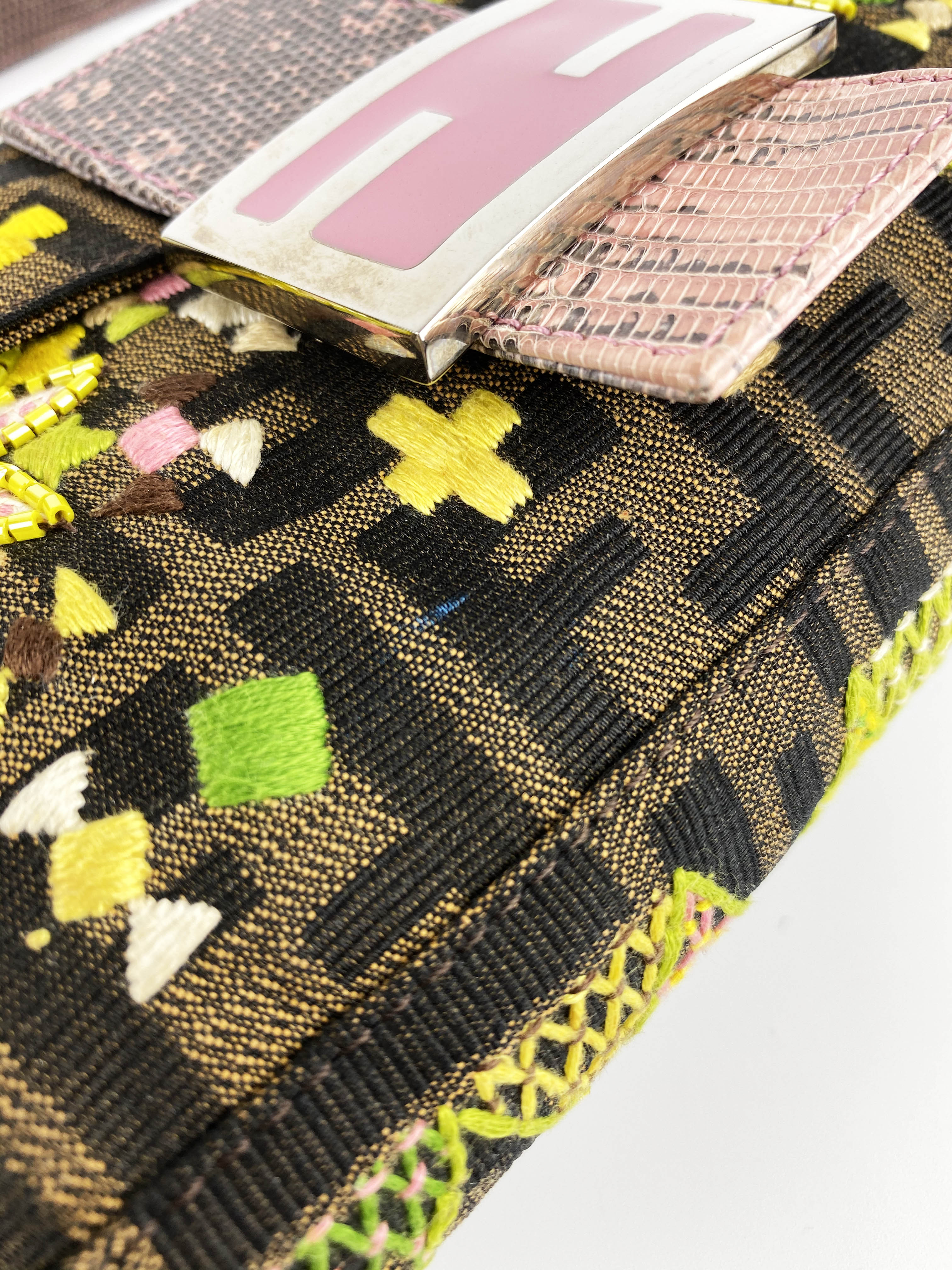 Fendi Vintage Monogram Baguette Bag with Lizard Trim and Strap