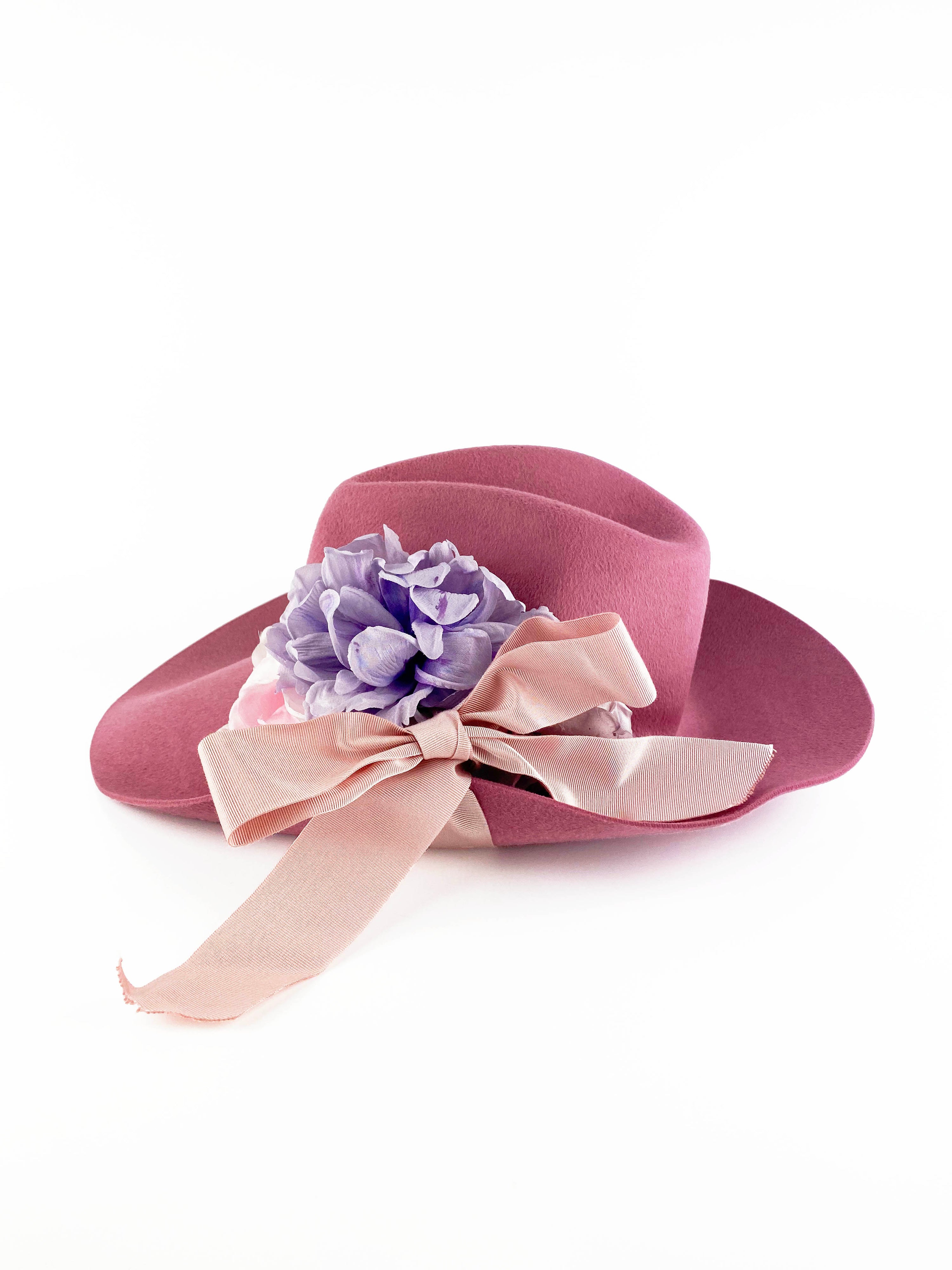 Gucci Pink Wide Brim Felt Hat with Flowers 56