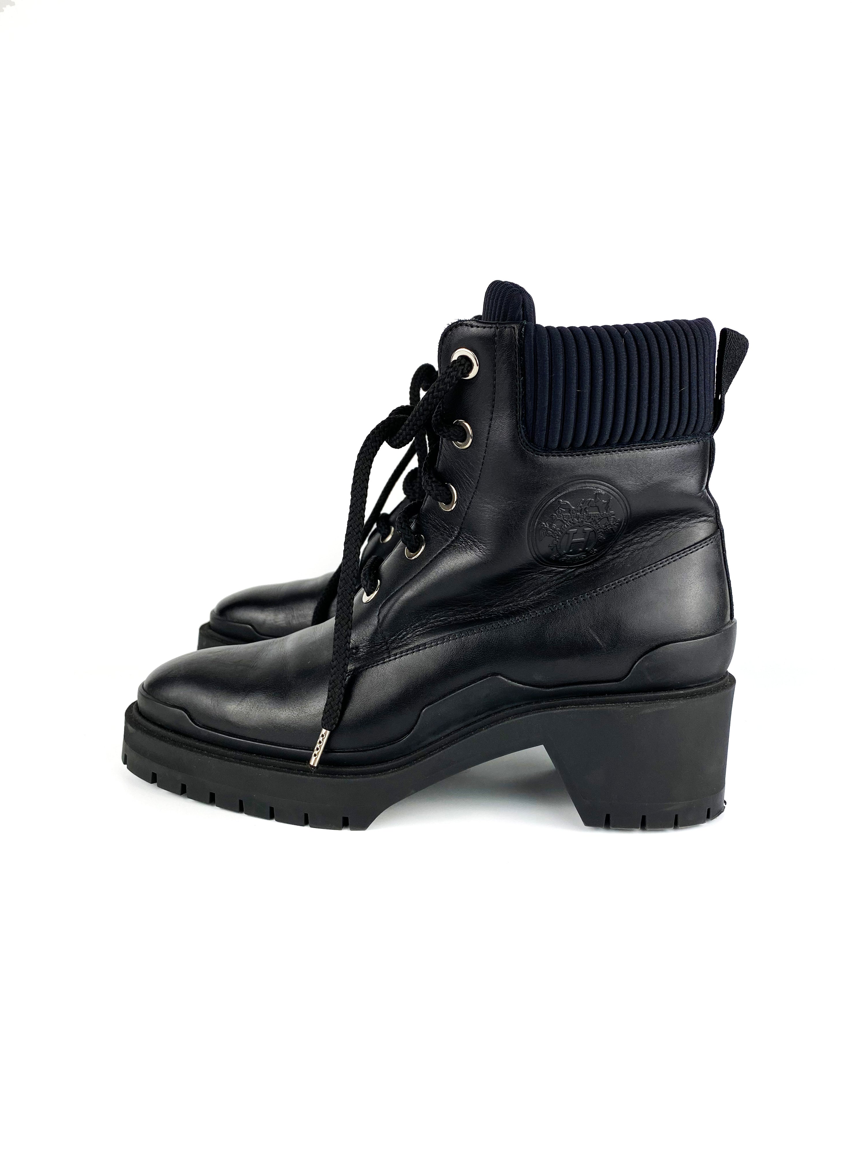 Hermes Black Lace Up Leather Boots